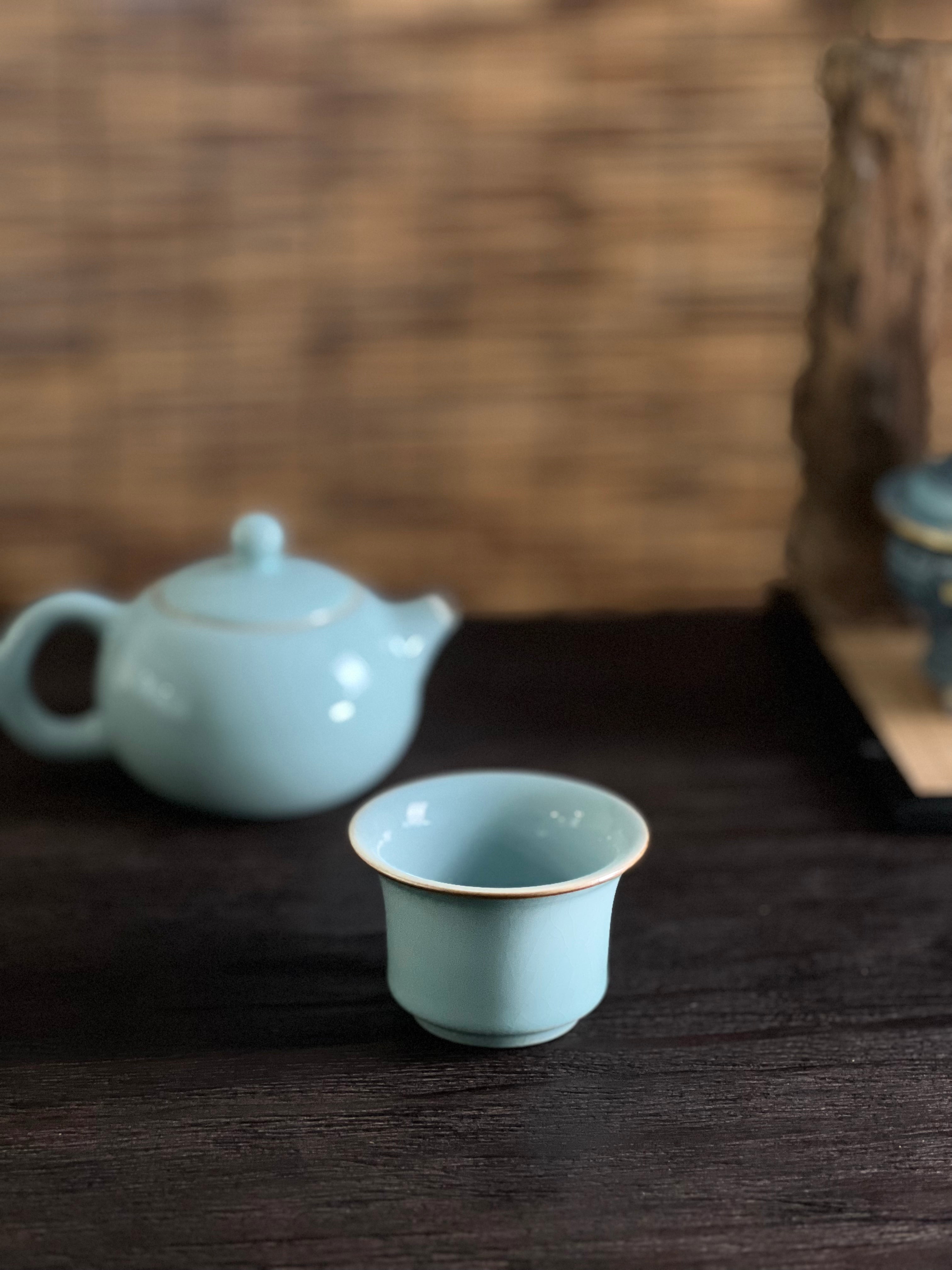 sky blue celadon tea set – Ru Ware Hoof-shape Teacup Underglaz Cracking Ru Kiln Teaware by Kungfuyang