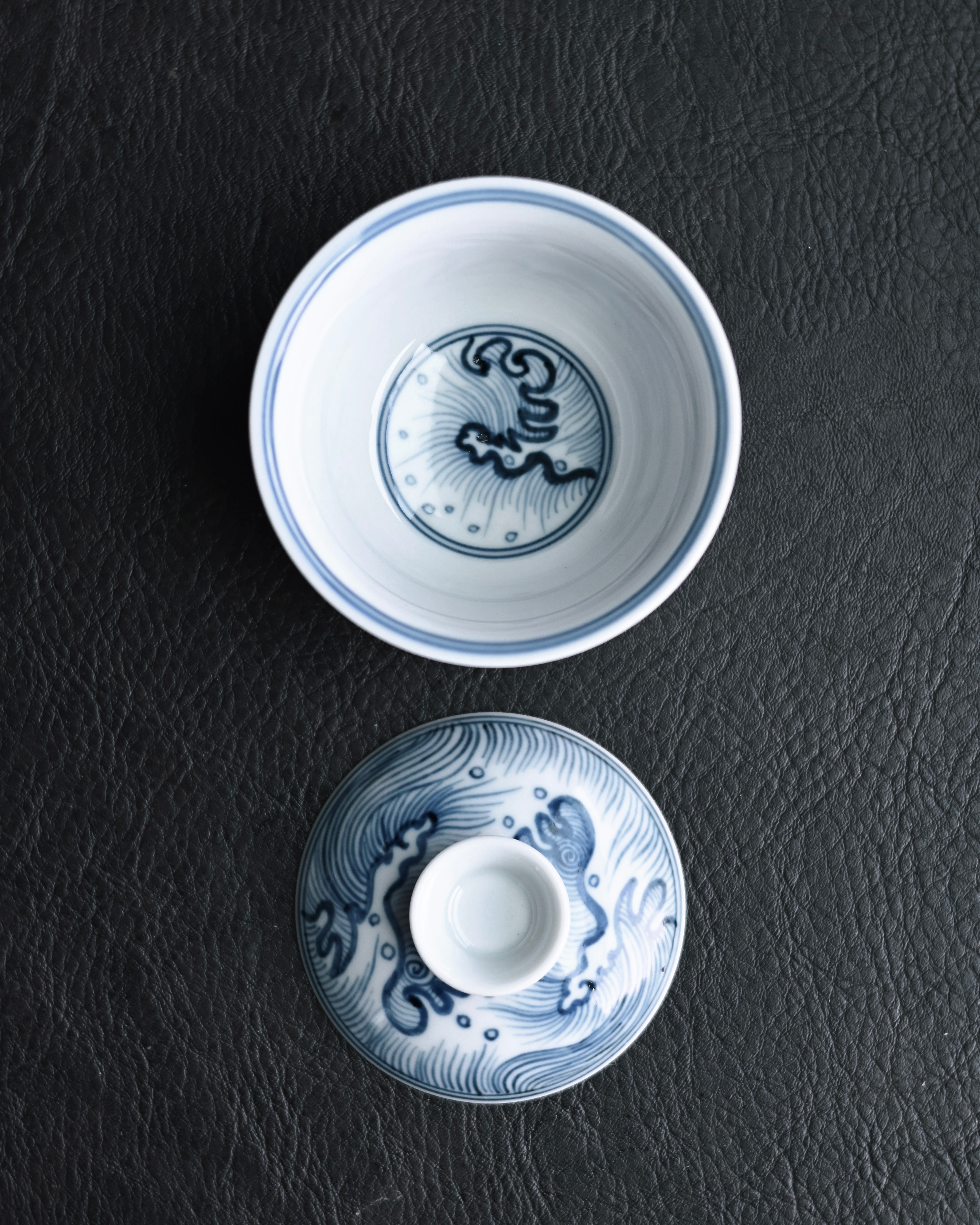 small lidded tea bowl – Jingdezhen Hand-Painted Ming-Style Blue-and-White Wave Pattern by Kungfuyang