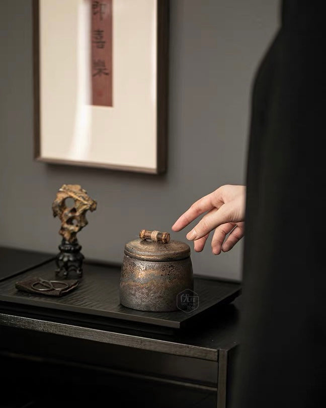stoneware vintage gilded chinese small tea – Vintage Gilded Chinese Small Stoneware Tea Caddy by Kungfuyang