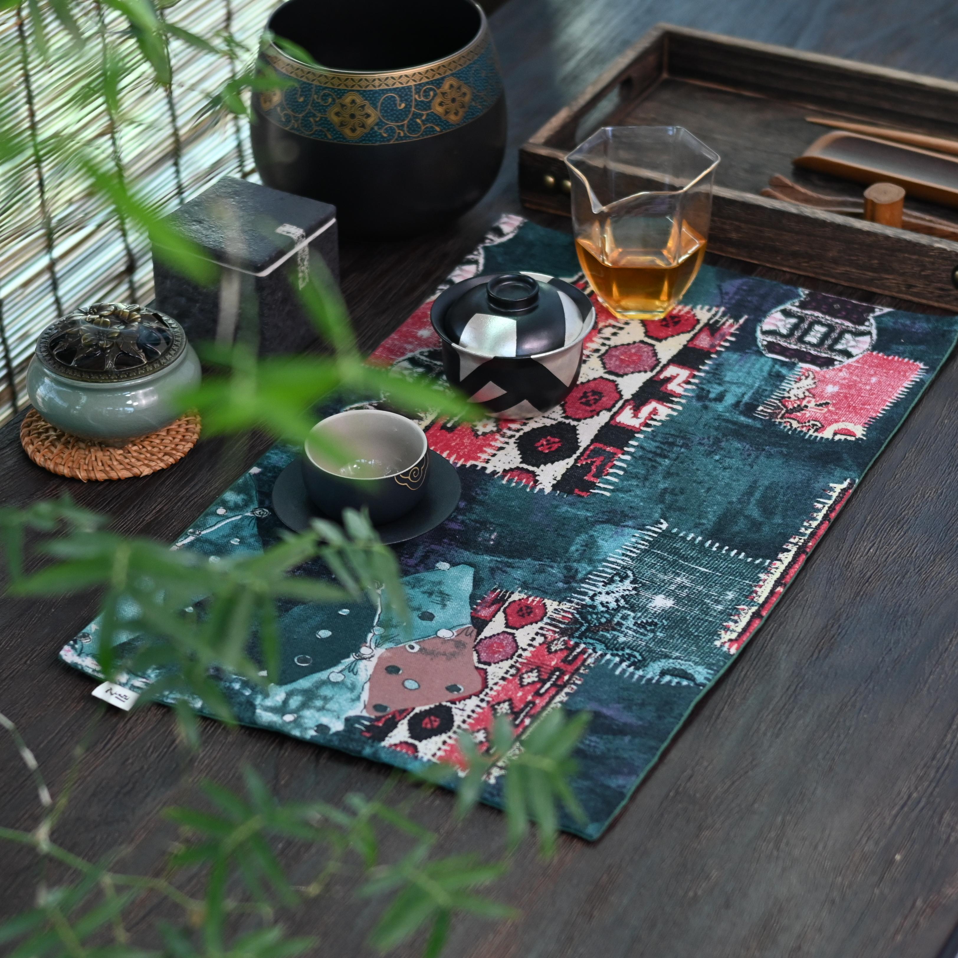 tablecloth for tea ceremony – Cotton and Linen Printed Absorbent Retro Tablecloth Teamat by Kungfuyang