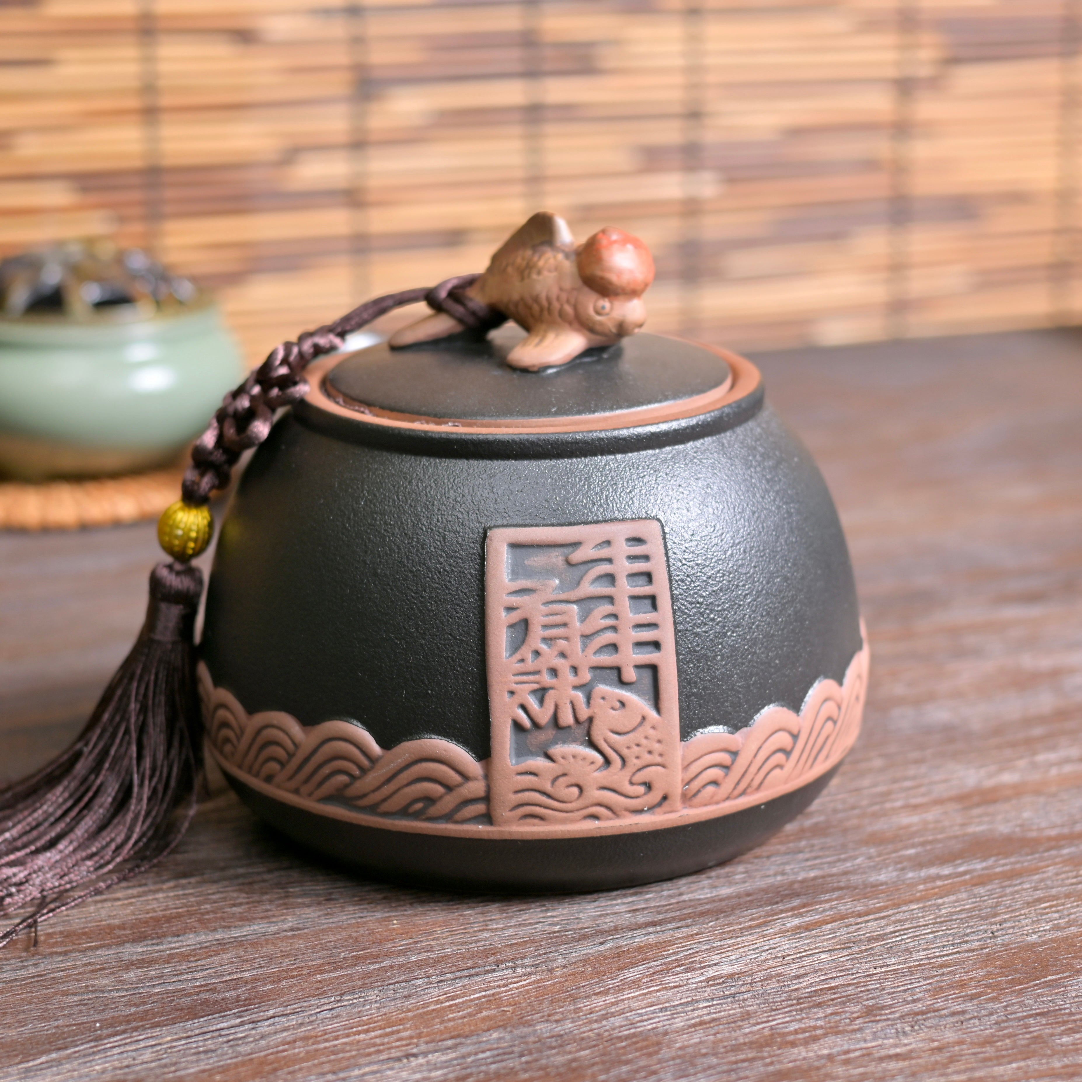 tea canister – Chinese Style Retro Coarse Ceramic Tea Canister / Fish Pattern by Kungfuyang
