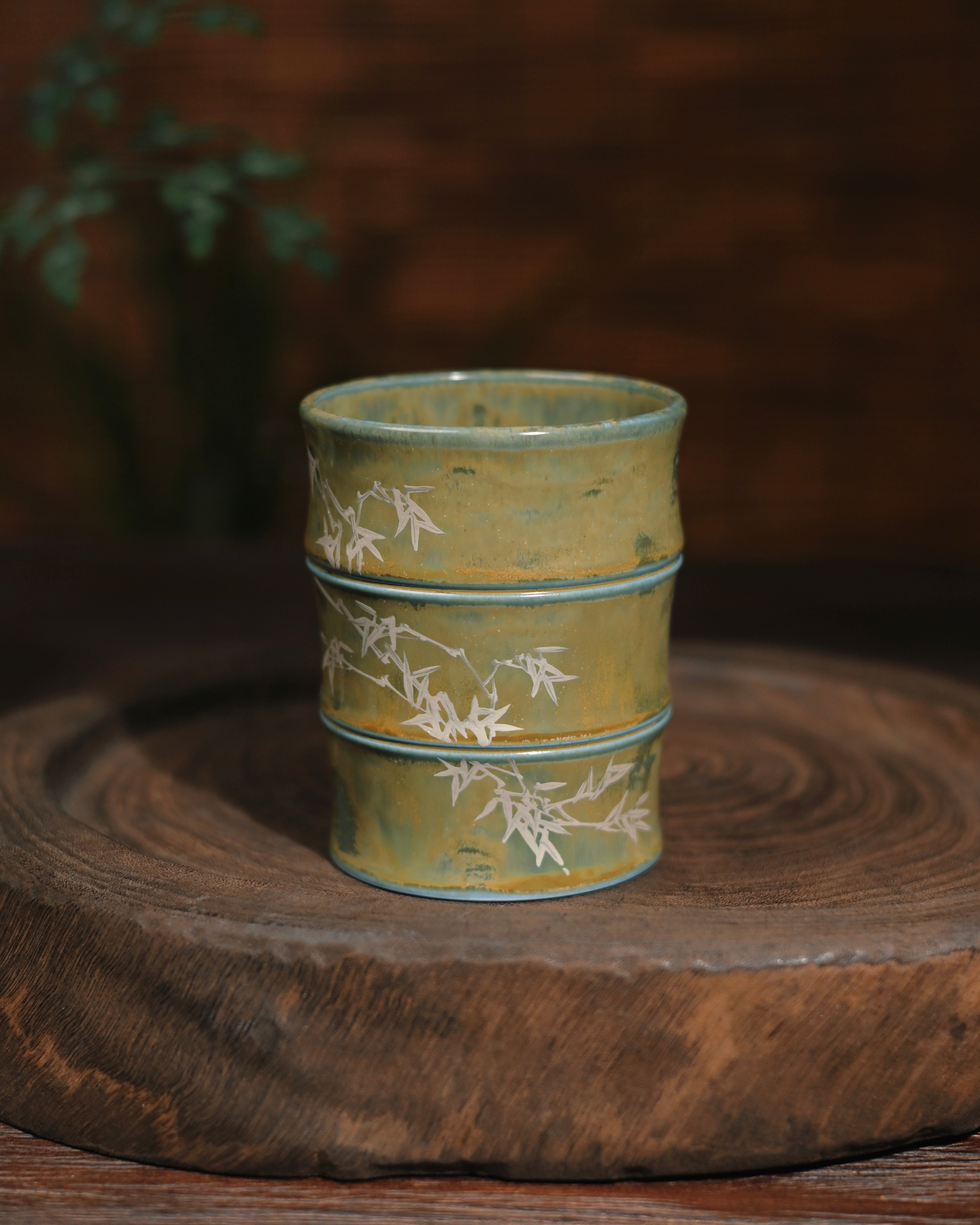 tea time mug in use setting – "Bamboo Rhythm" Jingdezhen Hand-Painted Ceramic Mug by Kungfuyang