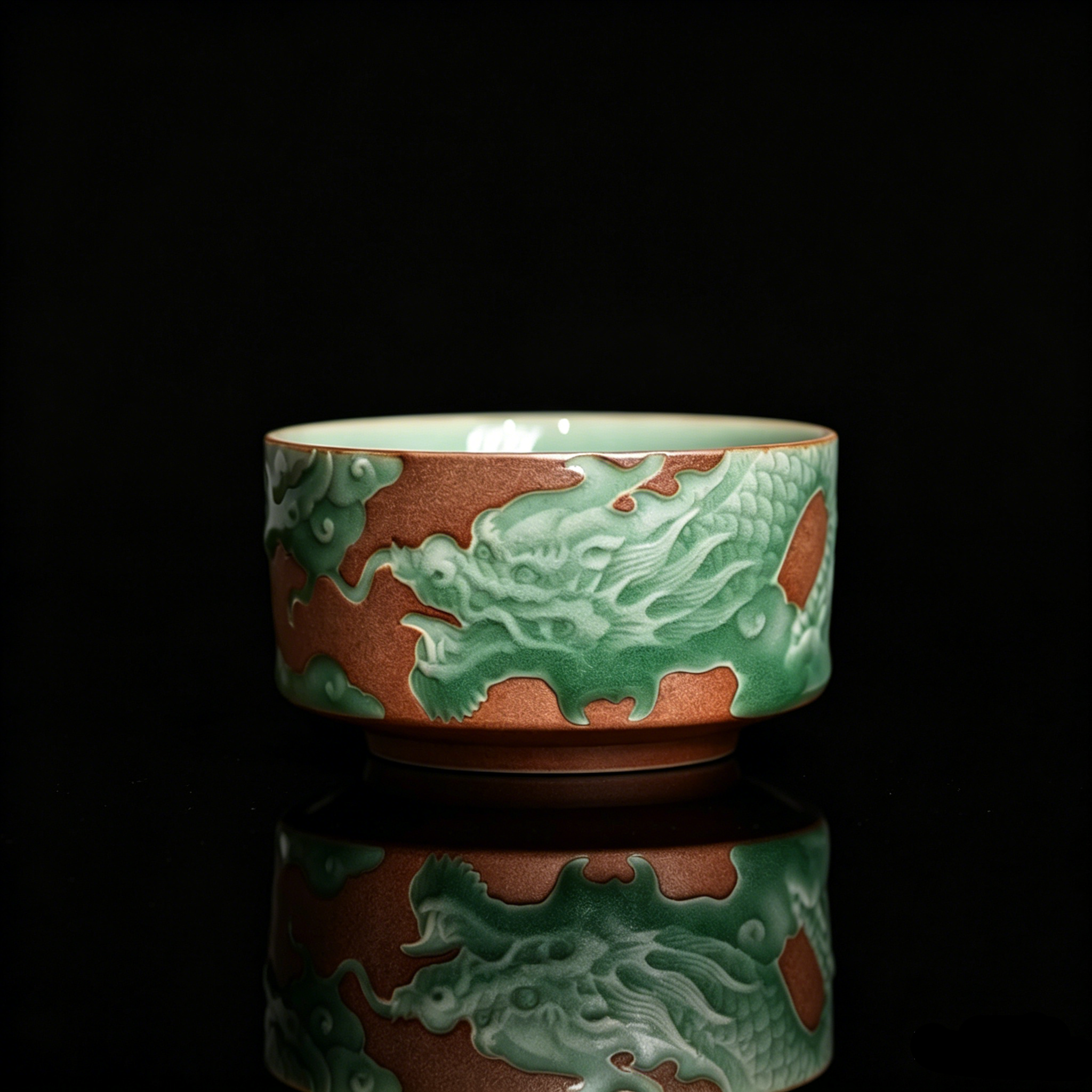Kungfuyang Longquan Celadon Teacup – Handmade Embossed Dragon Design, product view 1
