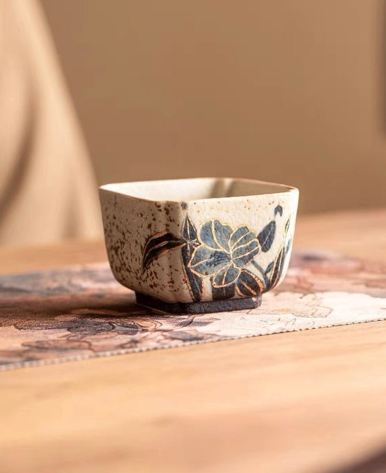under glaze narcissus painting teacup – Old Clay Blue-and-White Volcanic Stone Caramel Glaze Square by Kungfuyang