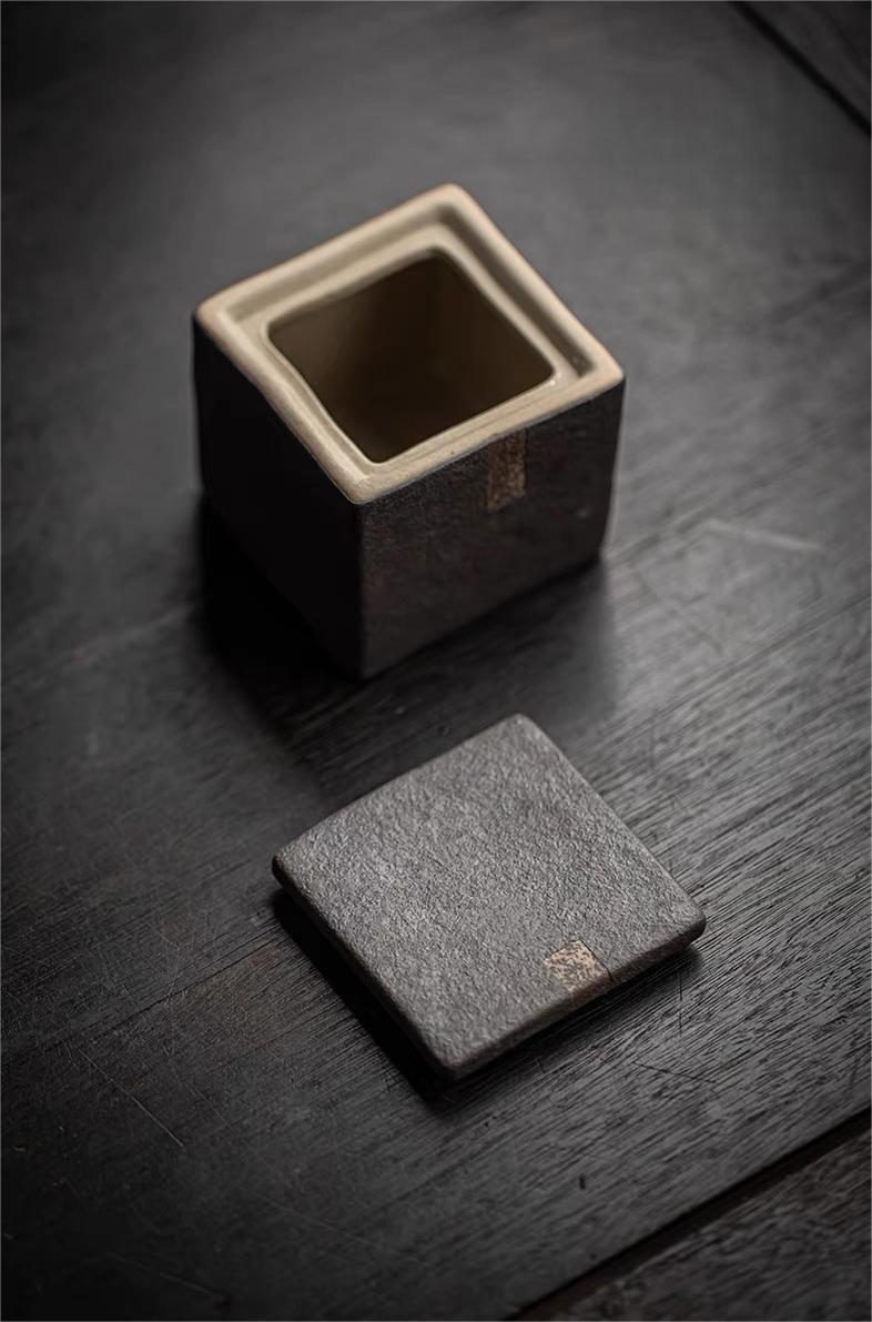 unglazed tea caddy rough texture – Retro Pottery Square Tea Canister Made of Raw Clay by Kungfuyang