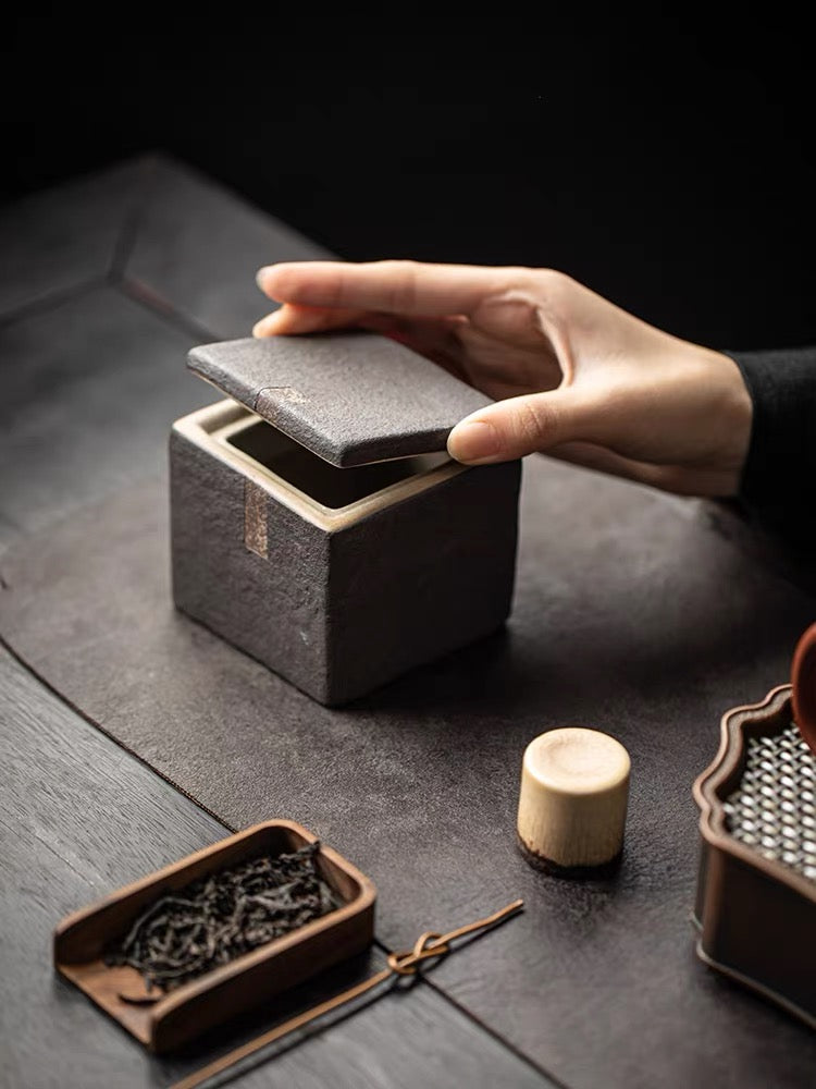 unglazed wabi sabi square tea caddy – Retro Pottery Square Tea Canister Made of Raw Clay by Kungfuyang