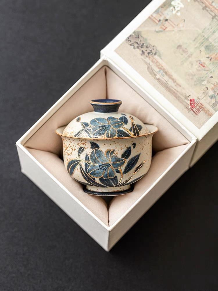 volcanic stone glaze hand painted tea bowl – Old Clay Blue-and-White Volcanic Stone Style Caramel Glaze by Kungfuyang