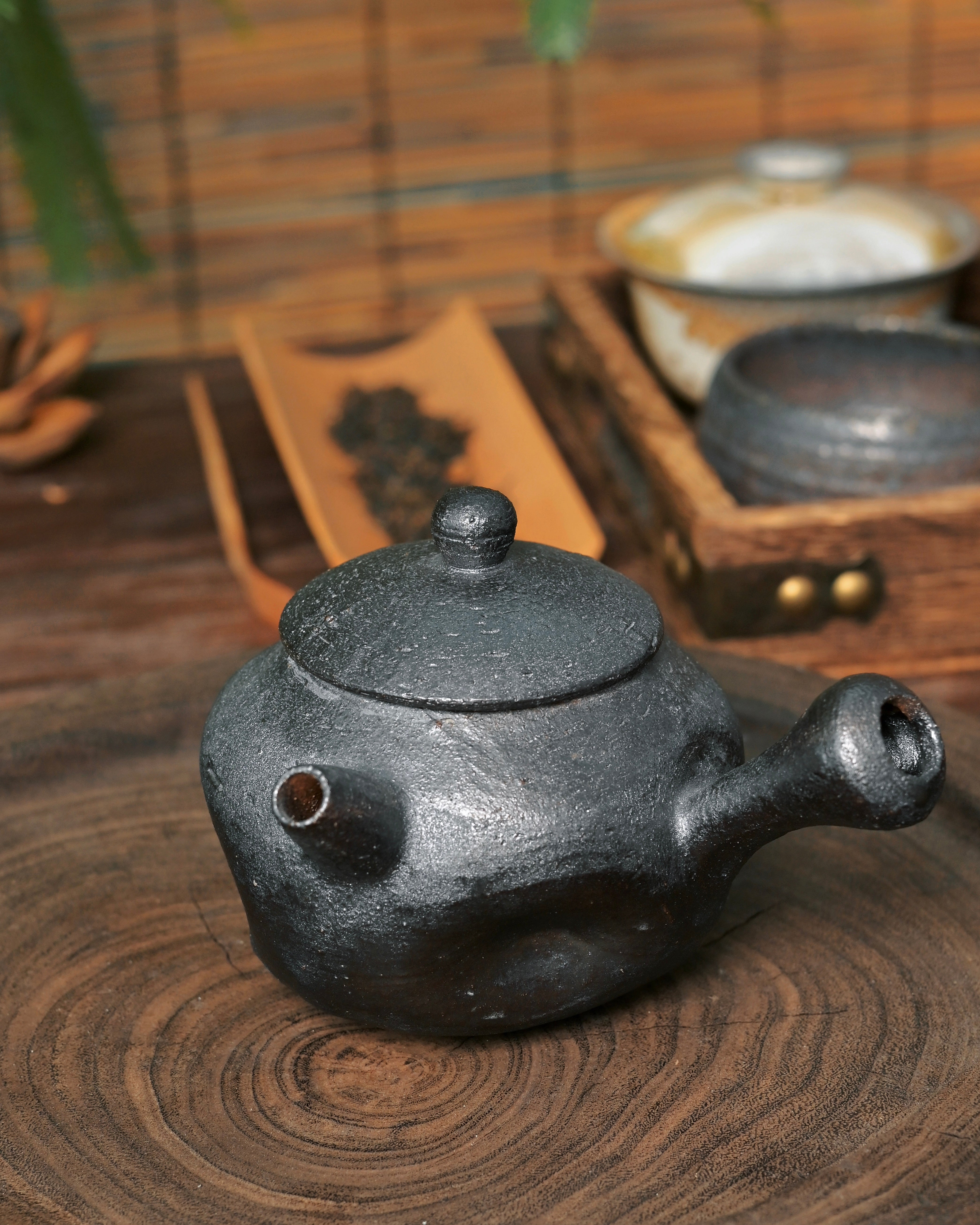 wabi sabi side handle design teapot – Artisan 150ml Wood-Fired Side-handle Teapot – Matte Black by Kungfuyang