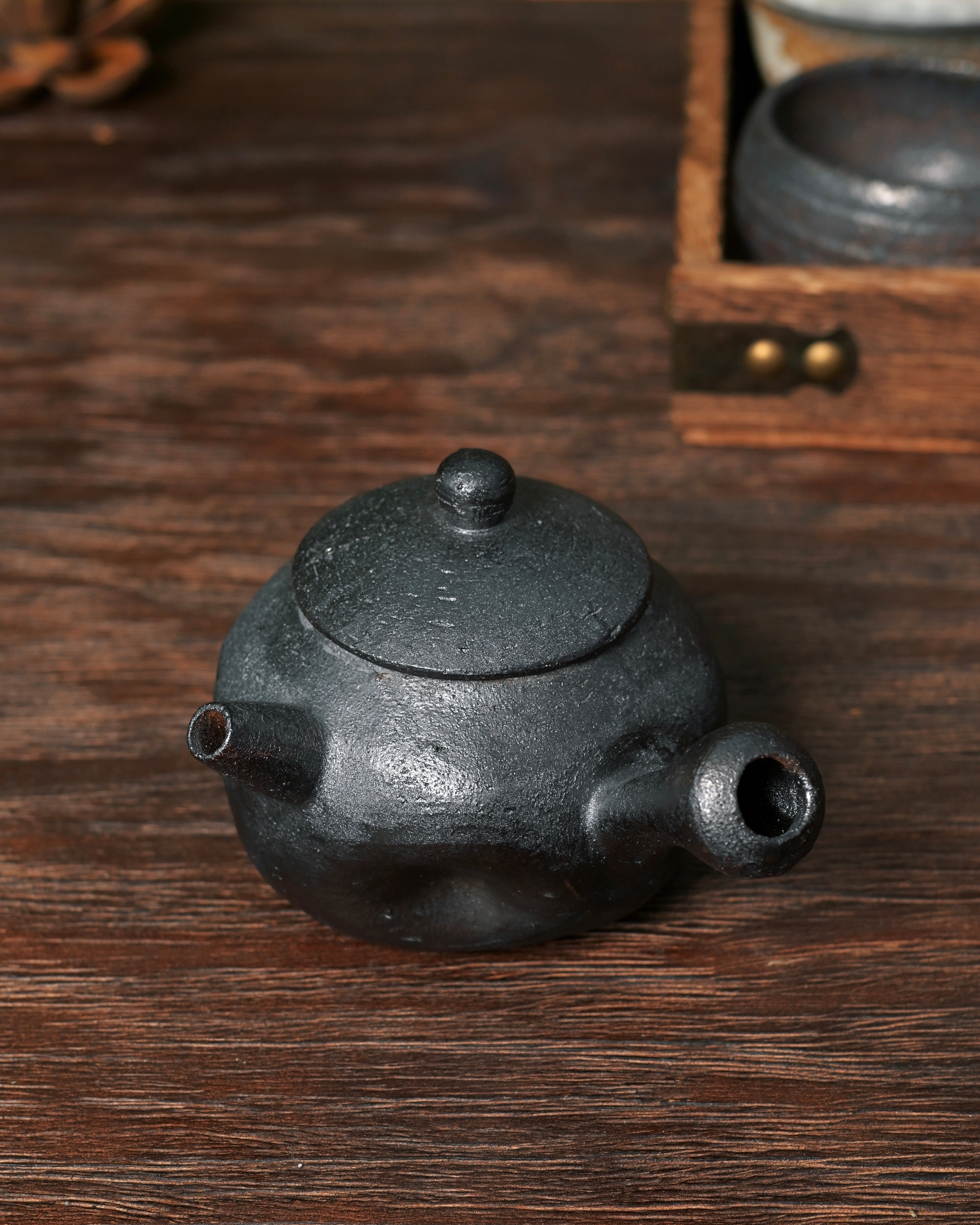 wabi sabi wood fired pottery – Artisan 150ml Wood-Fired Side-handle Teapot – Matte Black by Kungfuyang