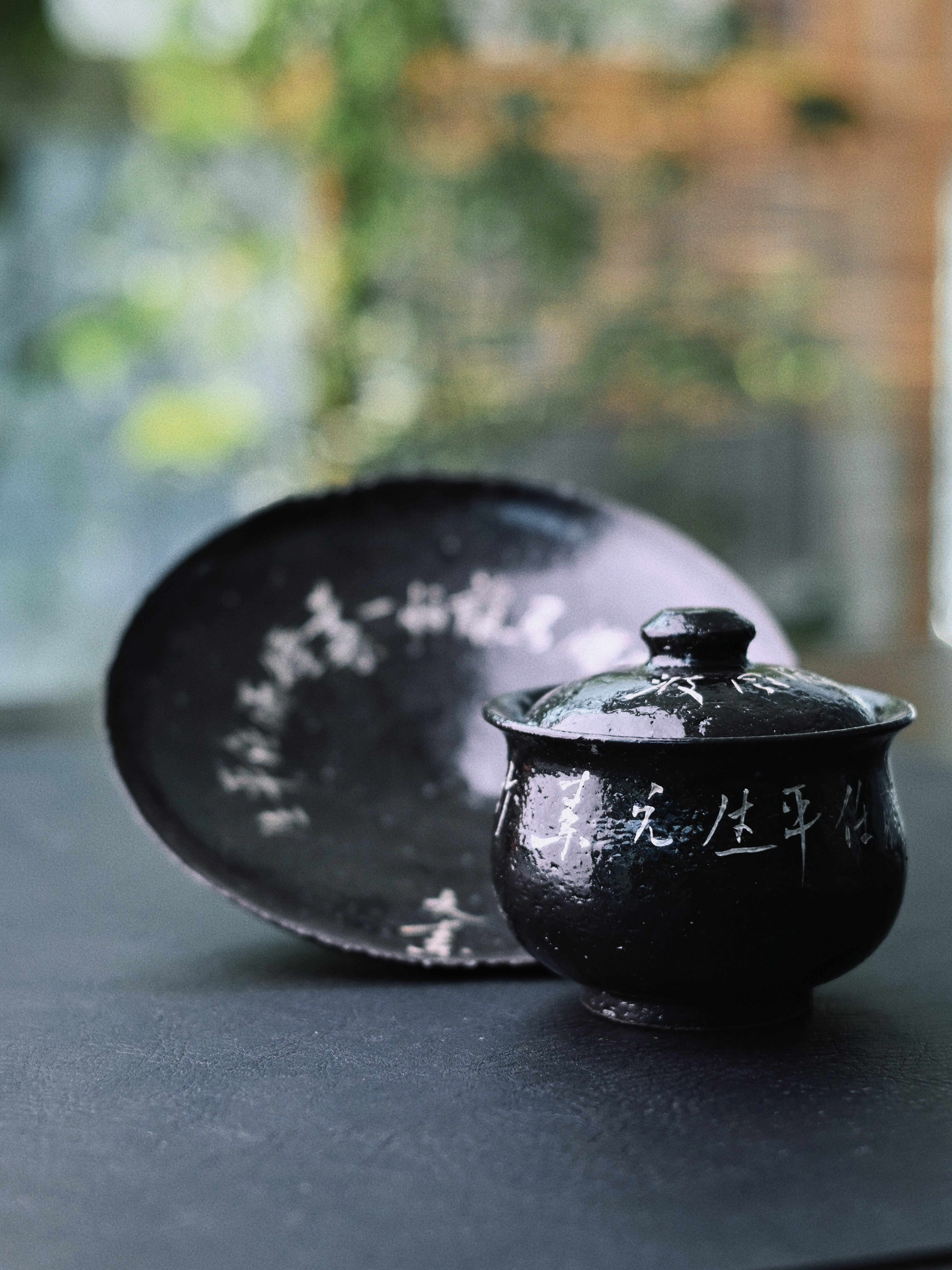 wabisabi black glaze calligraphy tea bowl – Wabi-Sabi Black Glaze Handmade Calligraphy Gaiwan Set by Kungfuyang