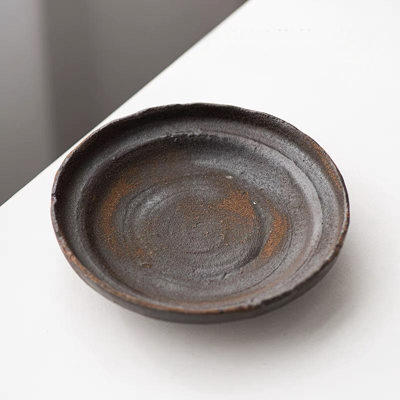 wood ash glaze effect plate – Wabi-Sabi Handcrafted Wood-Fired Coarse Clay Side-Handle by Kungfuyang