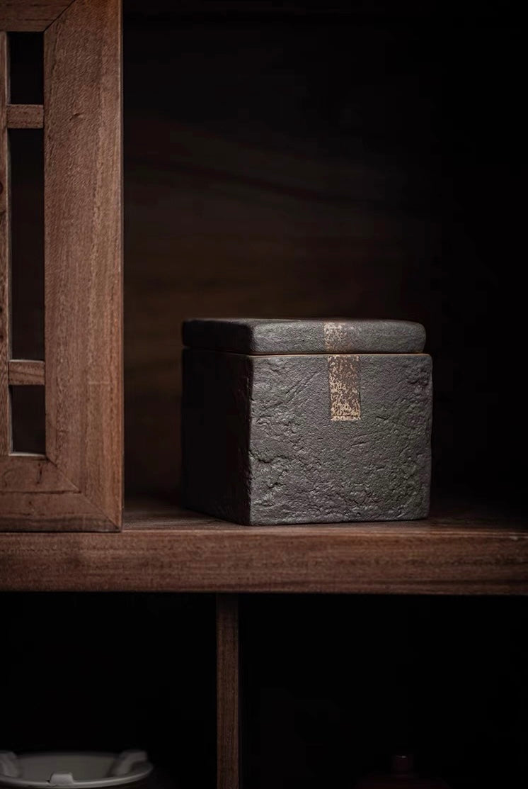 wood fired unglazed clay tea jar – Retro Pottery Square Tea Canister Made of Raw Clay by Kungfuyang