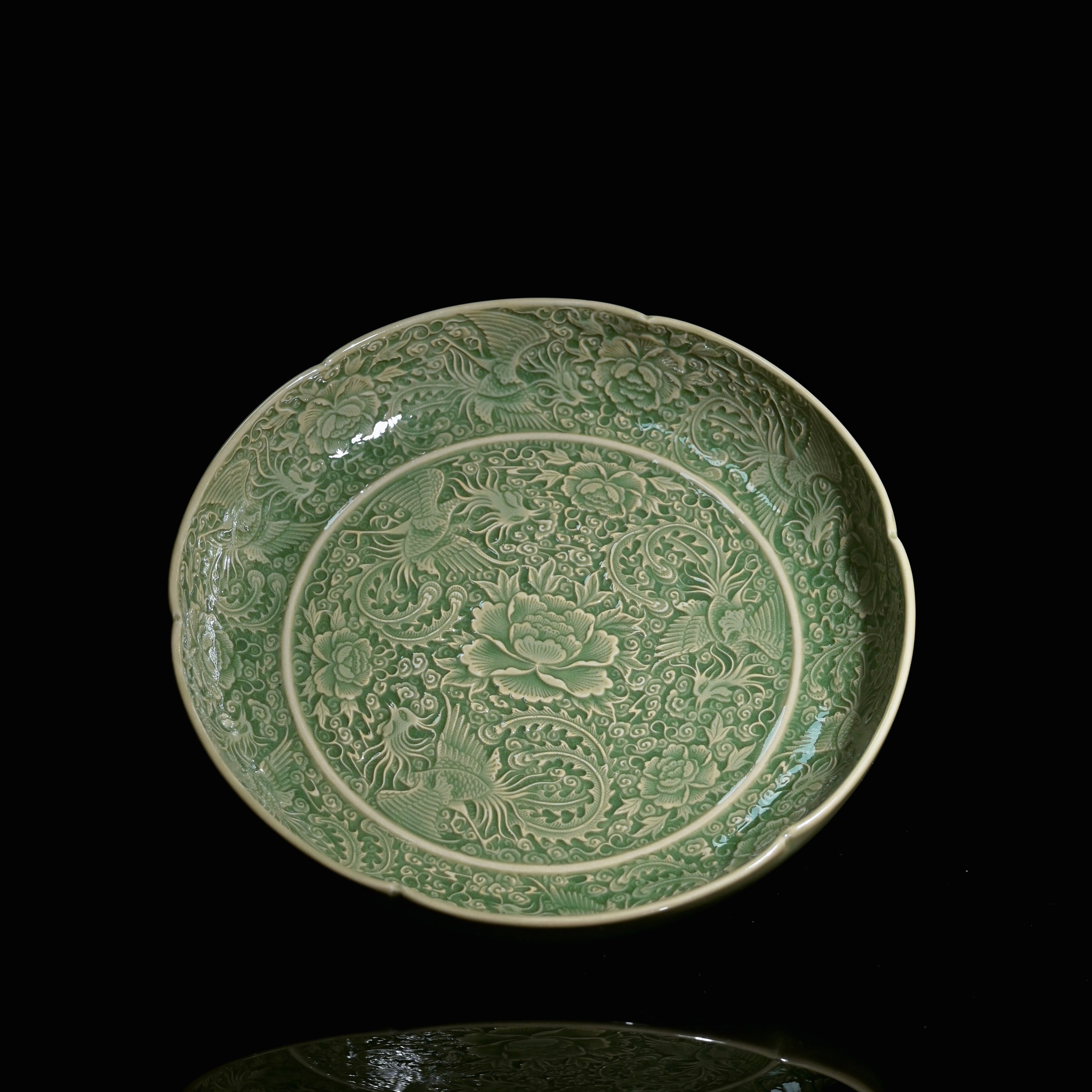 yaozhou nine phoenixes peony plate – Celadon Yaozhou Olive-Green Glaze Nine Phoenixes Plate by Kungfuyang