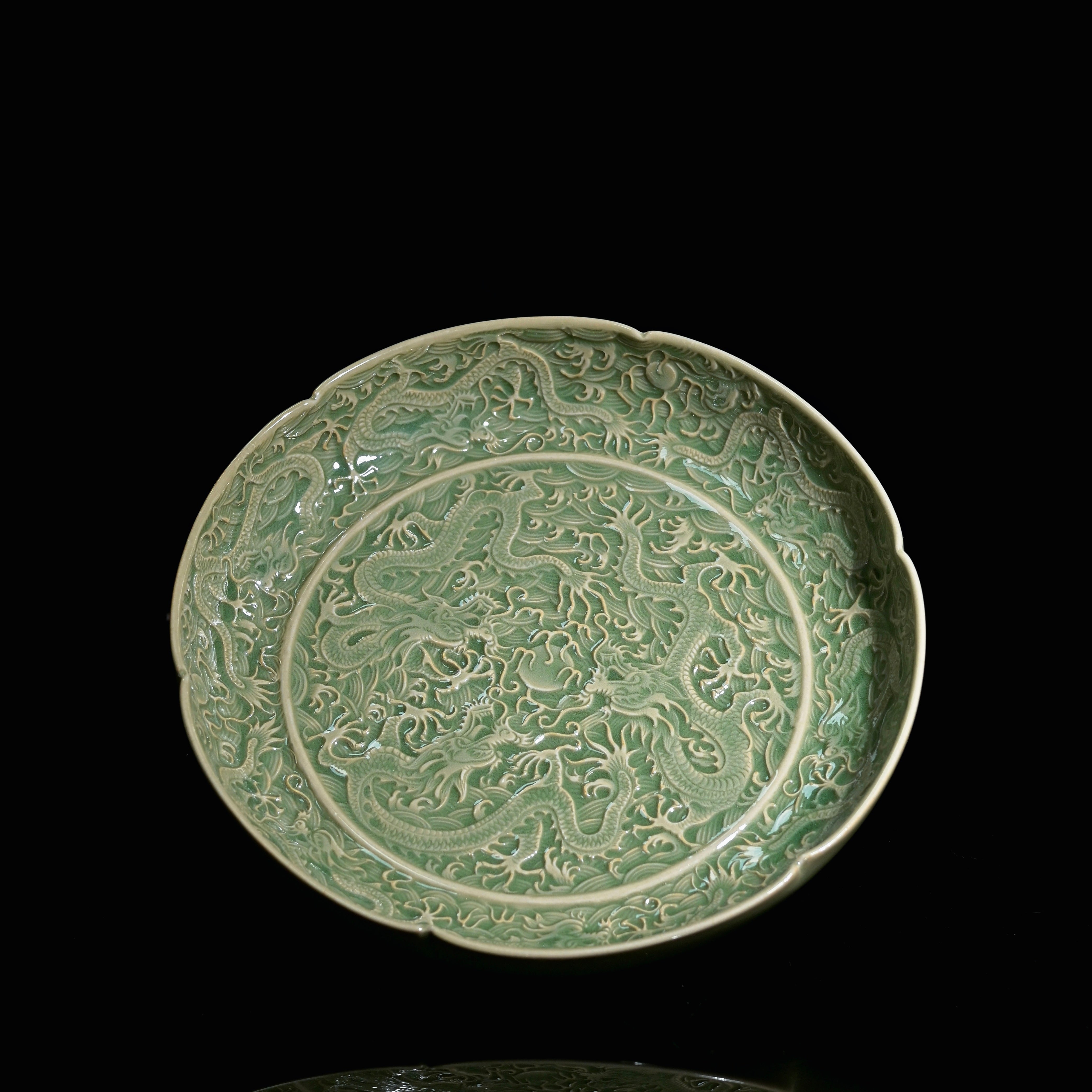 yaozhou olive green nine dragons plate – Celadon Yaozhou Olive-Green Glaze Nine Dragons Plate by Kungfuyang