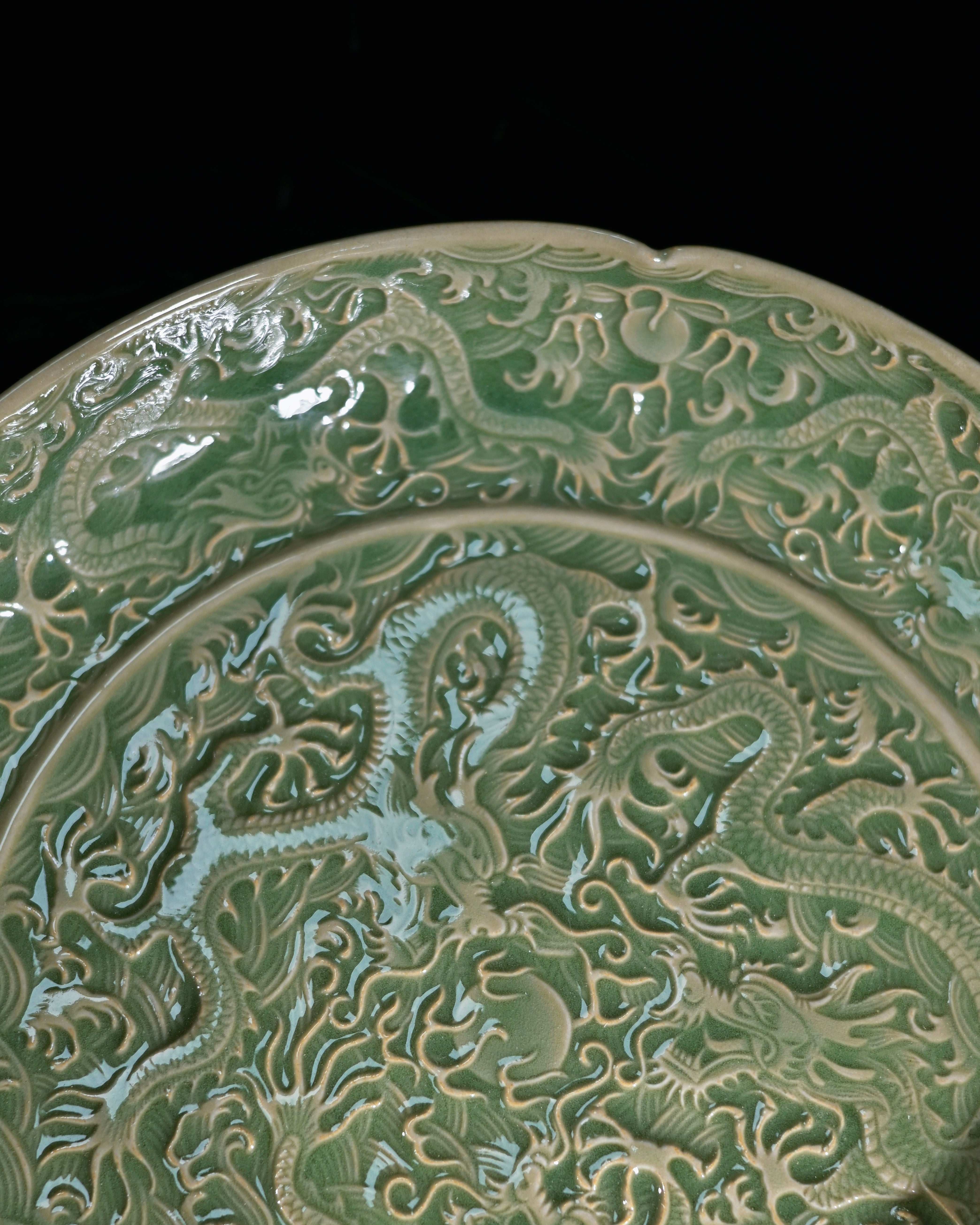 yaozhou ware olive glaze platter – Celadon Yaozhou Olive-Green Glaze Nine Dragons Plate by Kungfuyang