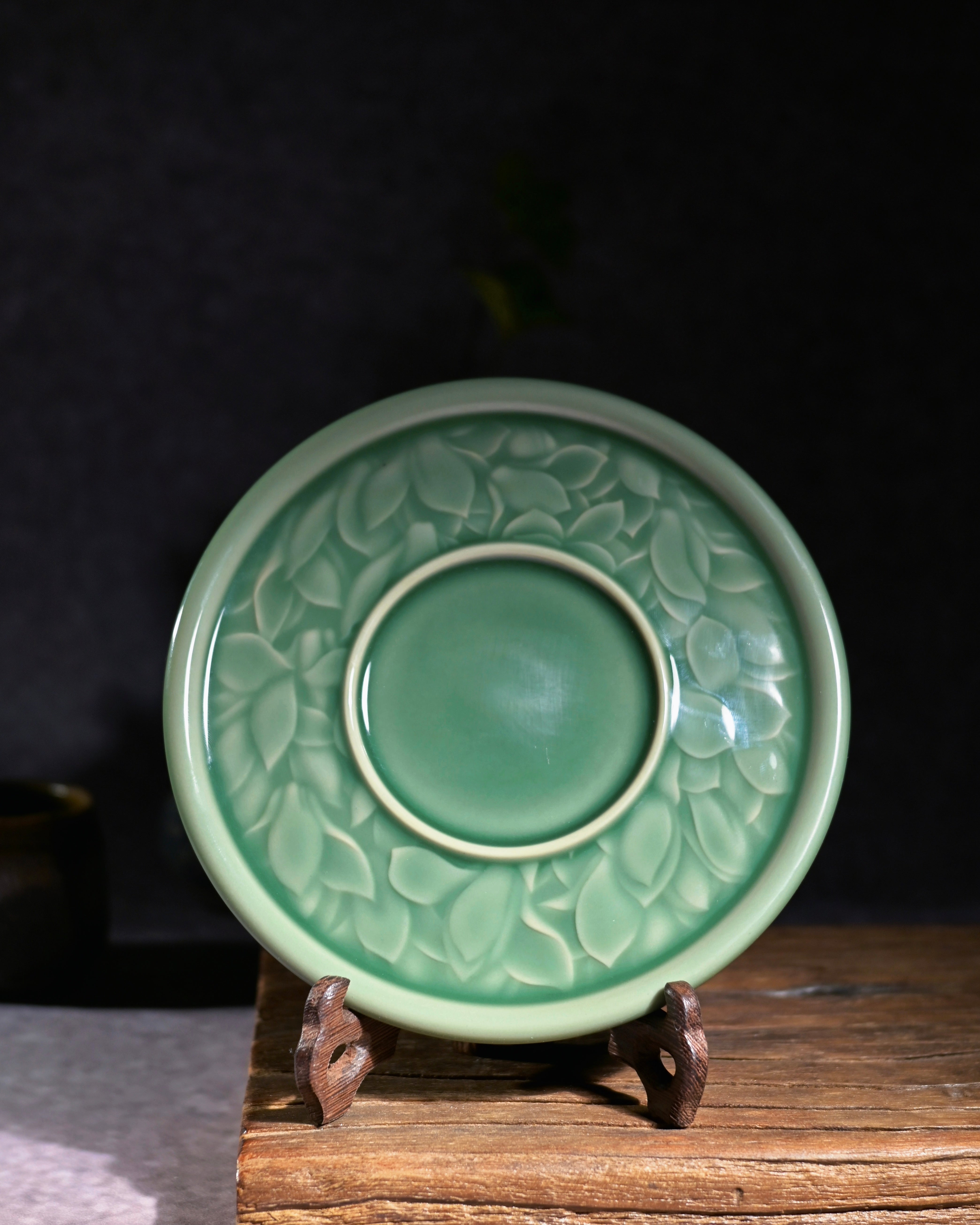 zen ceramic display stand – Longquan Celadon Plum-Green Magnolia Teapot Tray by Kungfuyang