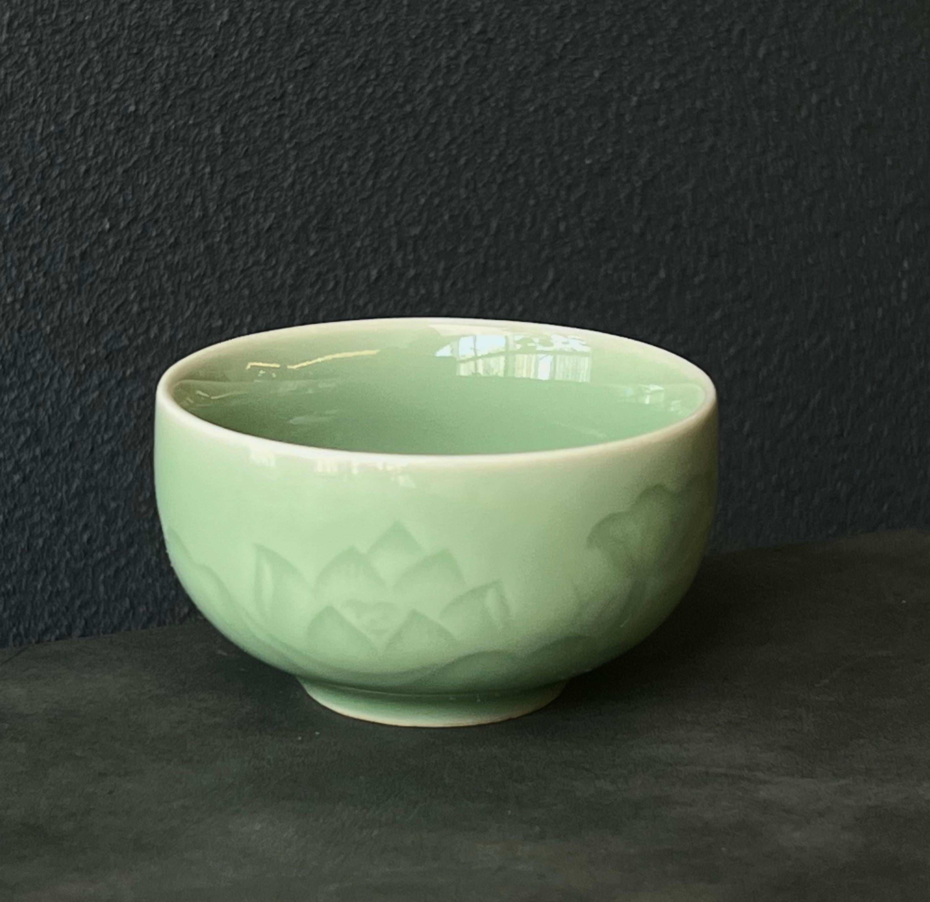 zen style celadon teacup – Longquan Celadon Lotus Pattern Plum-green Teacup by Kungfuyang