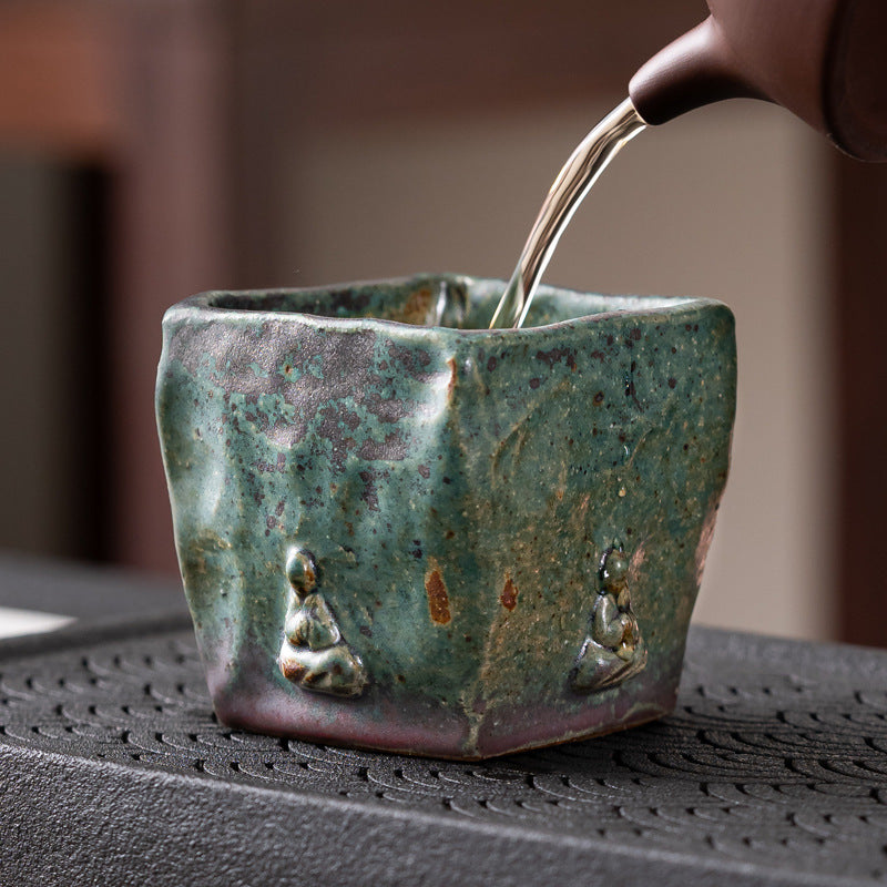 zen style wabisabi square teacup – Handmade Dunhuang Memory Buddha Bronze Glaze Porcelain Teacup by Kungfuyang