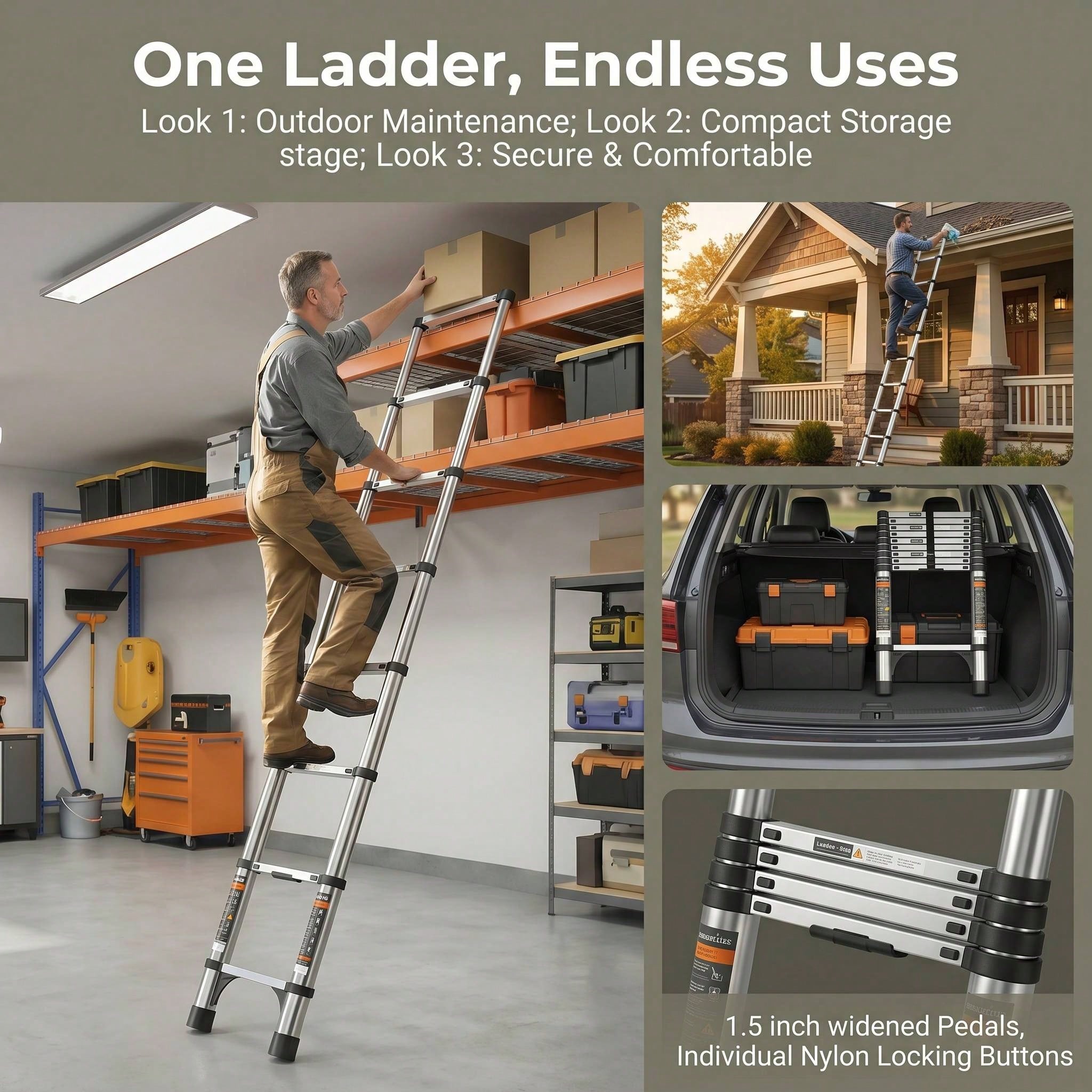 8.5/10FT Telescoping Ladder,Quick Folding Aluminum Extension Ladder For RV/Home/Outdoor, 330lbs Max Load Orange - 10FT - View 5