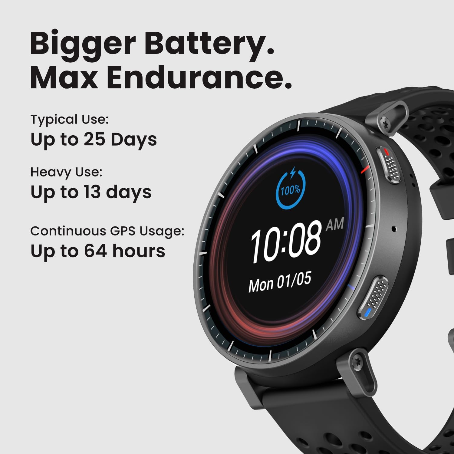 1.5" AMOLED Smart Watch, 48mm, 25-Day Battery, GPS Offline Maps, 4GB Storage, Water Resistant, 170+ Sport Modes, Fitness Tracker for iOS Android