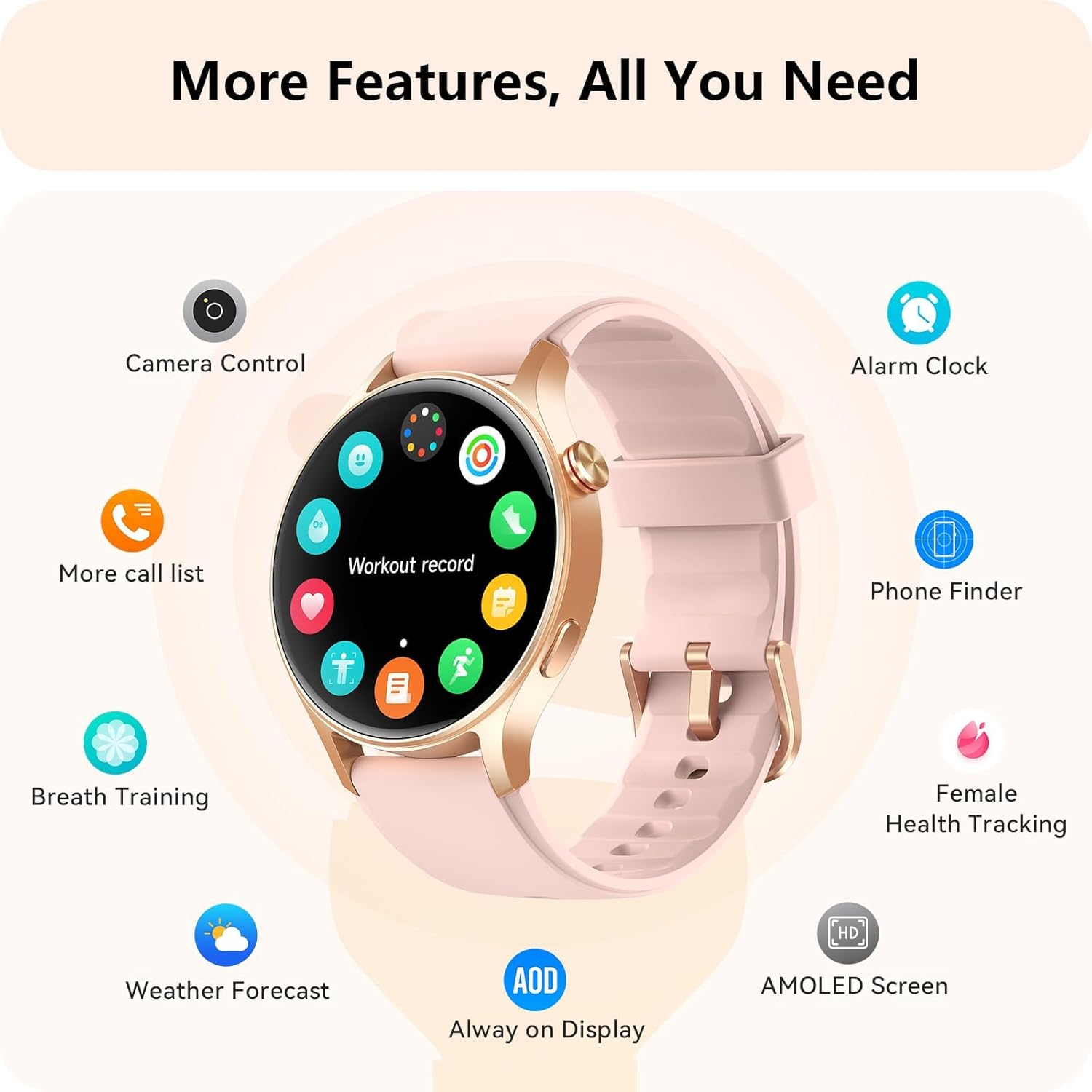 1.32'' AMOLED Women Smart Watch, Bluetooth Calling, 3ATM Waterproof, 110+ Sport Modes, Heart Rate SpO2 Sleep Tracker for iPhone Samsung Android