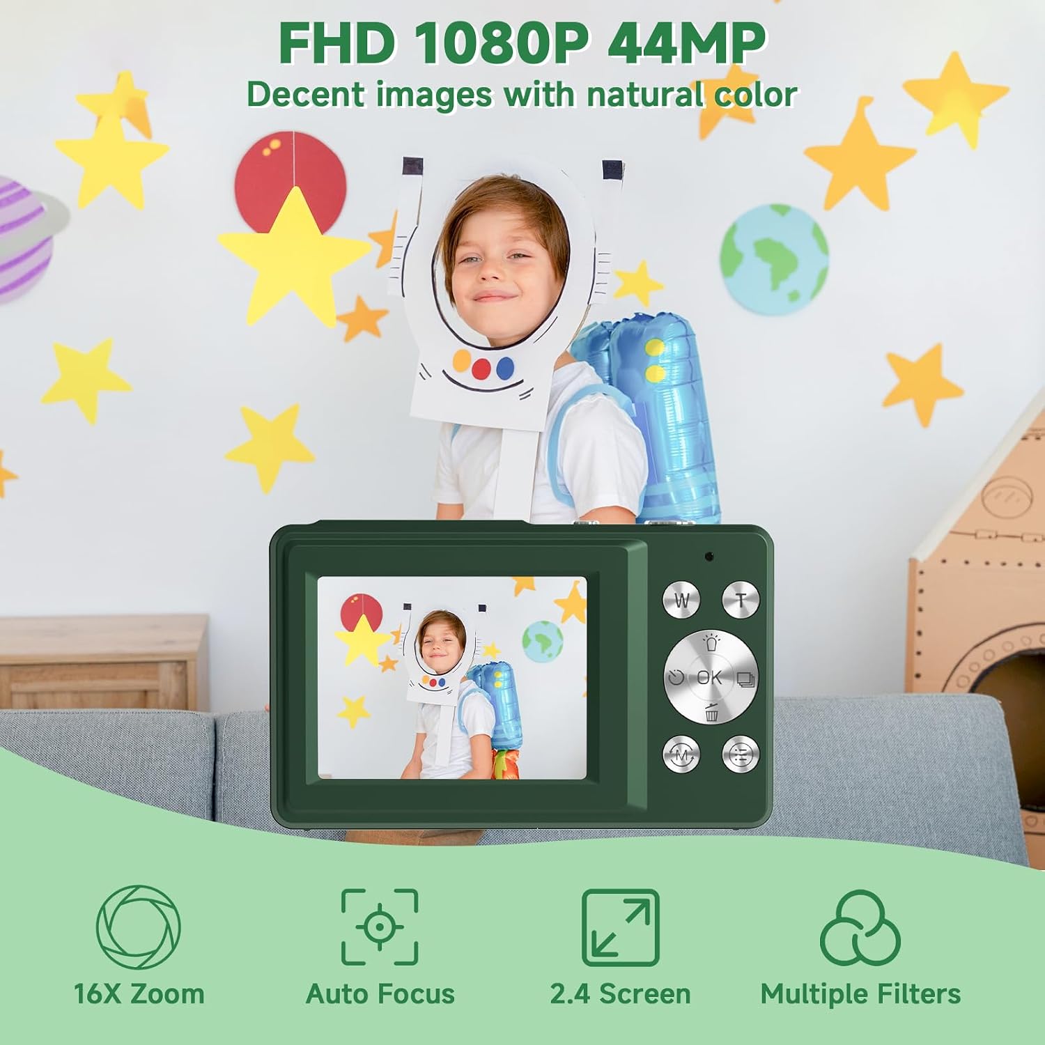 FHD 1080P 44MP Digital Camera, 16X Zoom, Face Detect, Smile Capture, Anti Shake, Compact Camera Gift for Teens Boys Girls