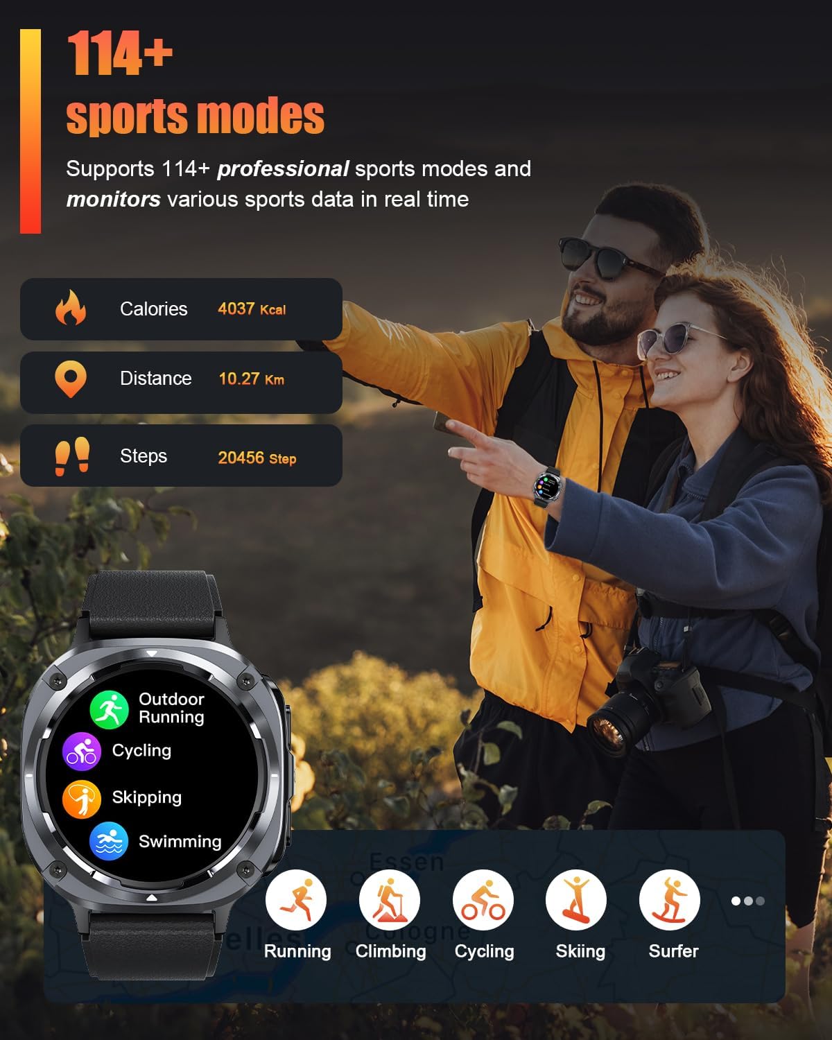 1.39" HD Military Men Smart Watch, Bluetooth Calling, IP68 Waterproof, 30 Days Battery, 114+ Sport Modes, Heart Rate Sleep Tracker for Android iOS