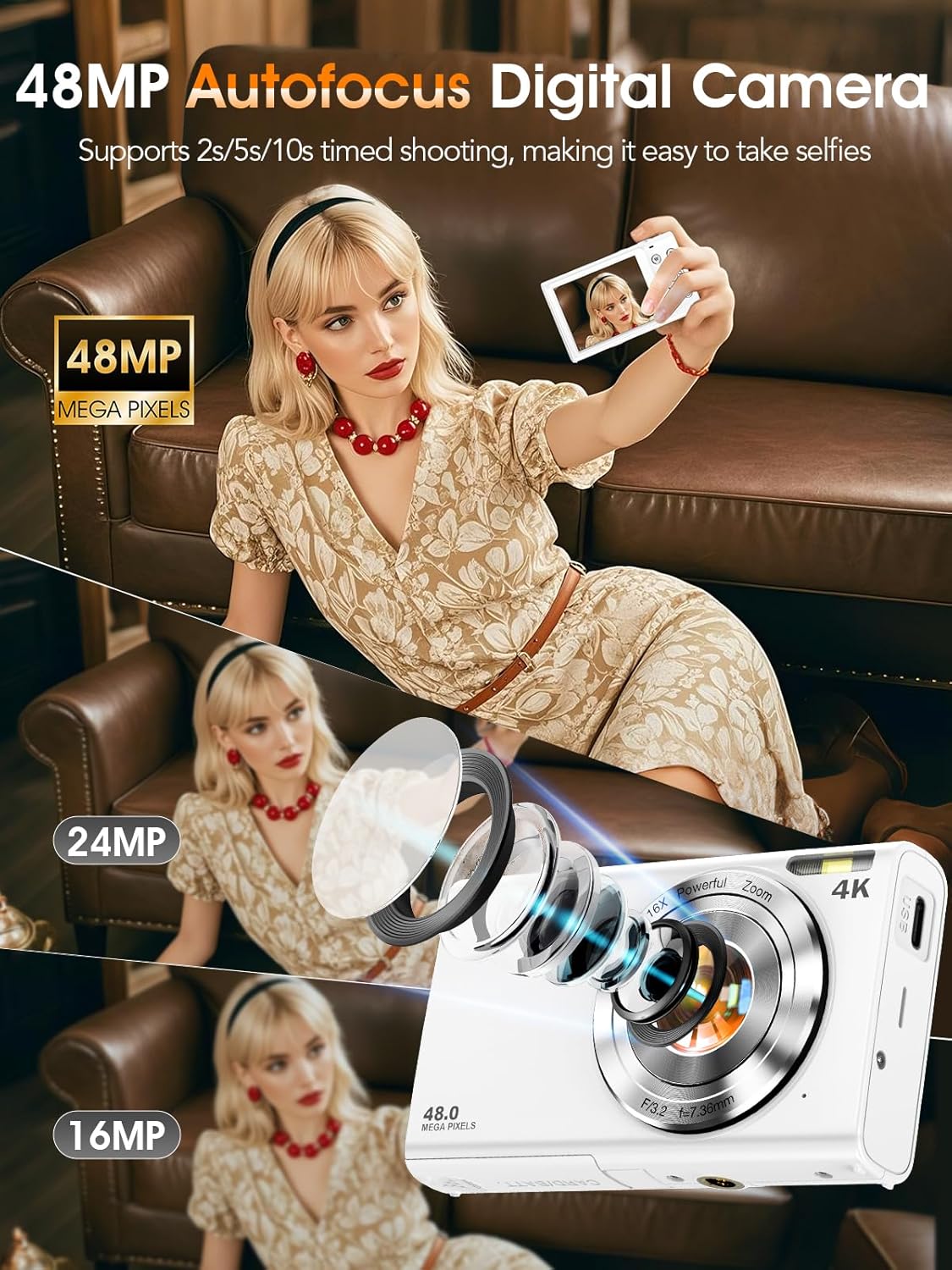 4K 48MP Autofocus Digital Vlogging Camera, 32GB, 16X Zoom, Anti-Shake, 2 Batteries, Point and Shoot Camera for Adult Teen Beginners