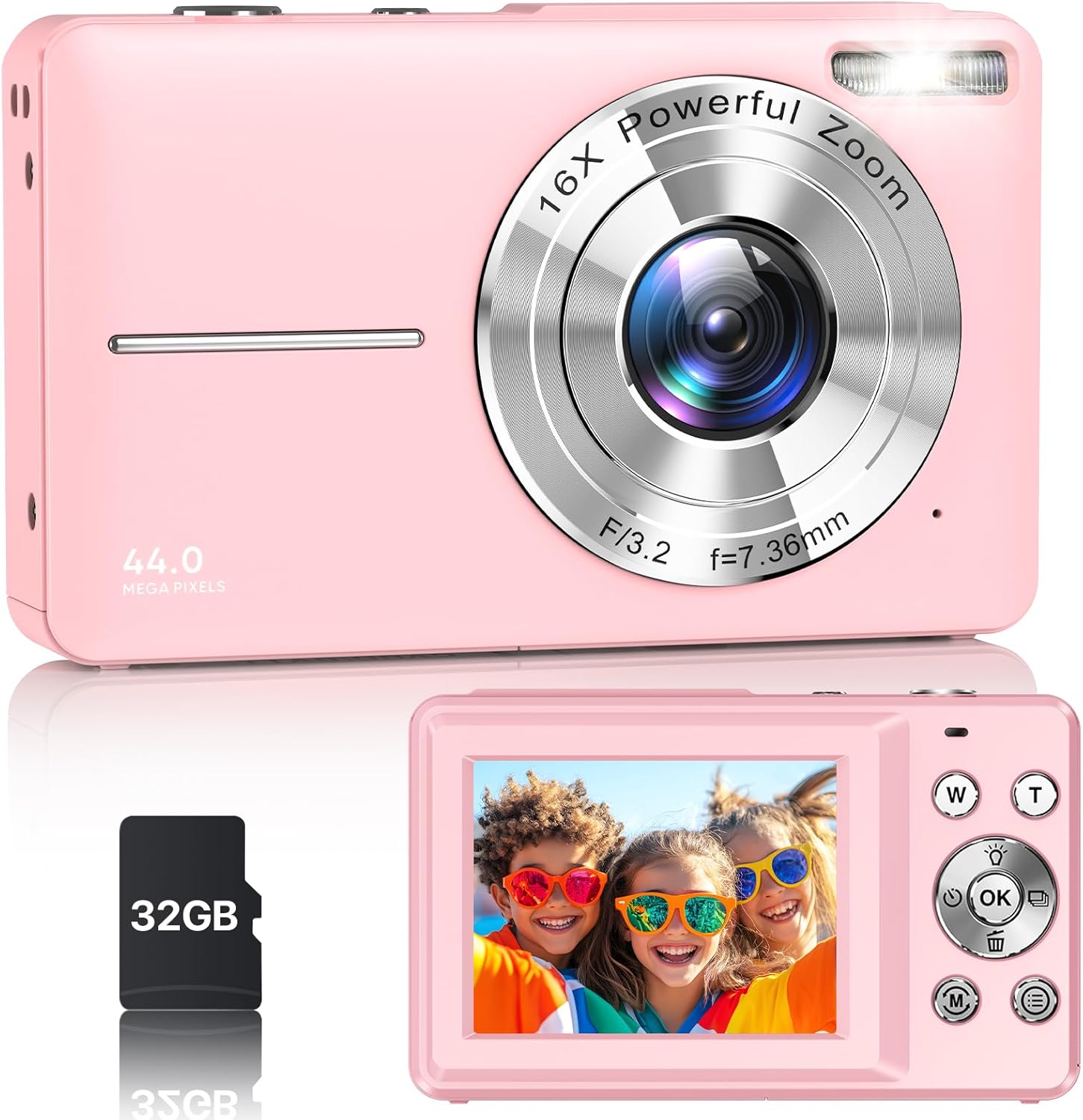 FHD 1080P Digital Camera, 16X Zoom Anti Shake, SD Card & Wrist Strap, Compact Point and Shoot Camera for Kids Teens Seniors