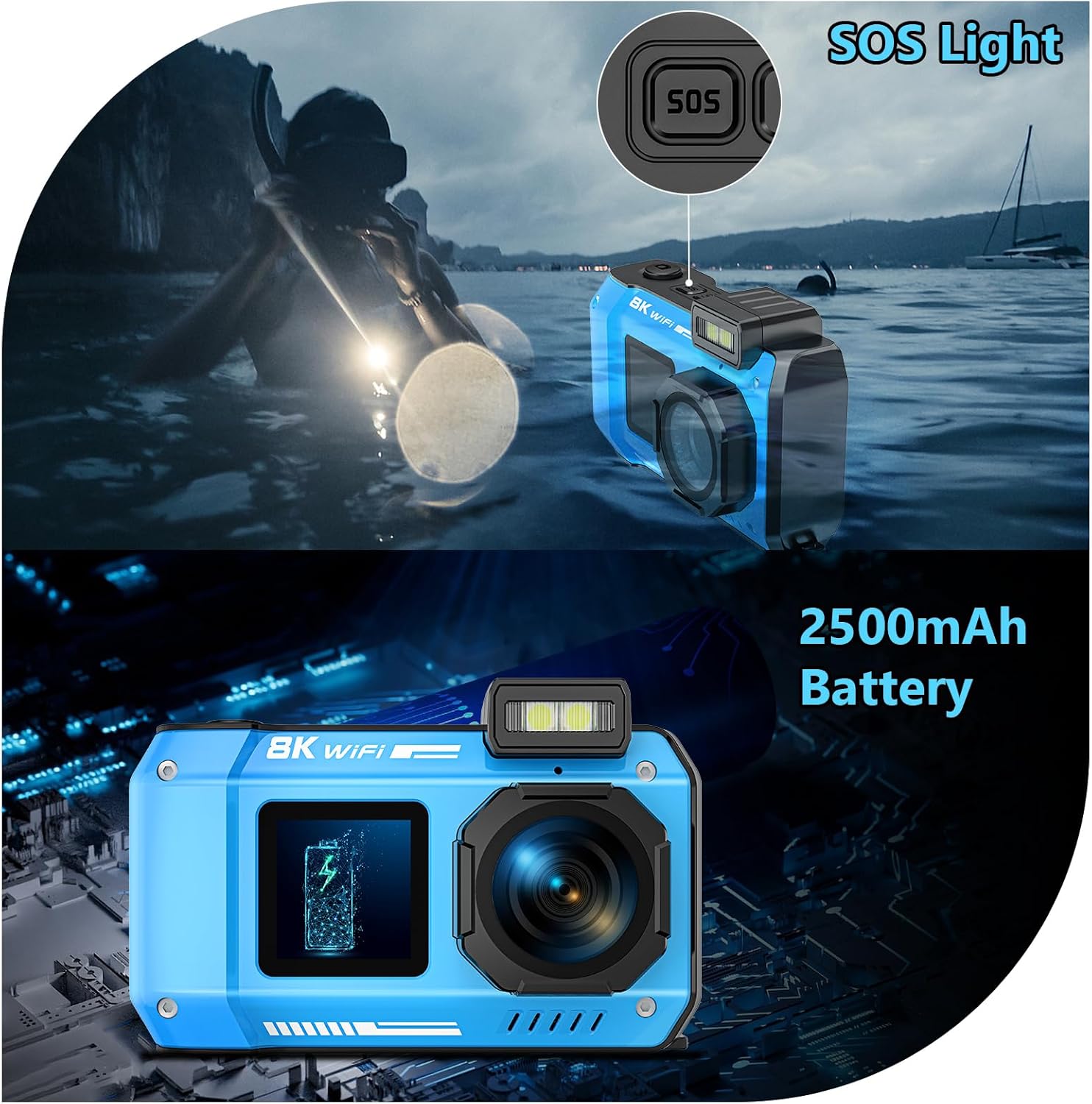 8K 70MP Underwater Camera, 33FT WiFi Waterproof Camera 32GB, Dual Screen, Floatable, 18X Zoom for Snorkeling Swimming