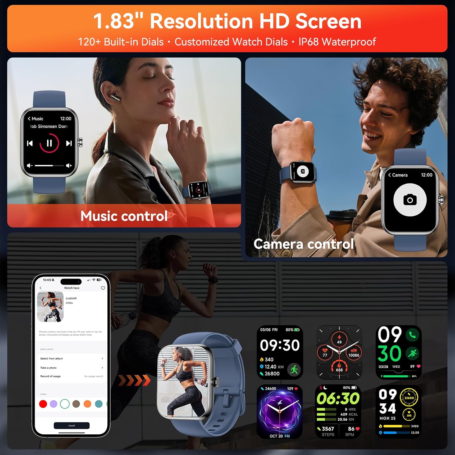 1.83" Full Touch Men Smart Watch, Alexa Built-in, Bluetooth Calling, IP68 Waterproof, 130+ Sport Modes, Heart Rate Sleep Tracker for Android iOS