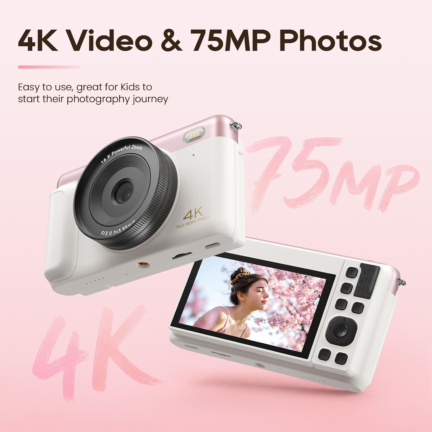 4K 75MP Autofocus WiFi Digital Vlogging Camera, 3'' 180° Flip Screen, 16X Zoom, 32GB TF Card for Kids Teens Beginners
