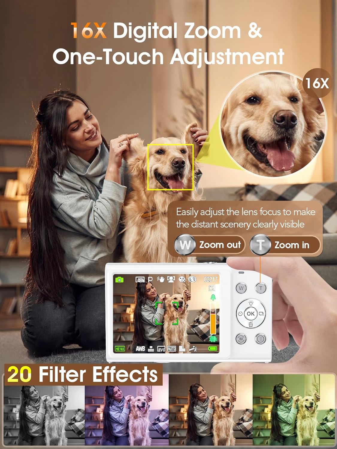 4K 48MP Autofocus Digital Vlogging Camera, 32GB, 16X Zoom, Anti-Shake, 2 Batteries, Point and Shoot Camera for Adult Teen Beginners