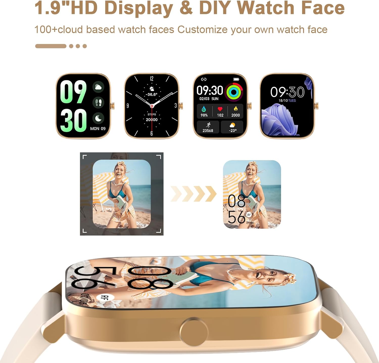 1.69" Full Touch Smart Watch, IP68 Waterproof, Heart Rate Sleep Fitness Tracker for Men Women iPhone Samsung Android