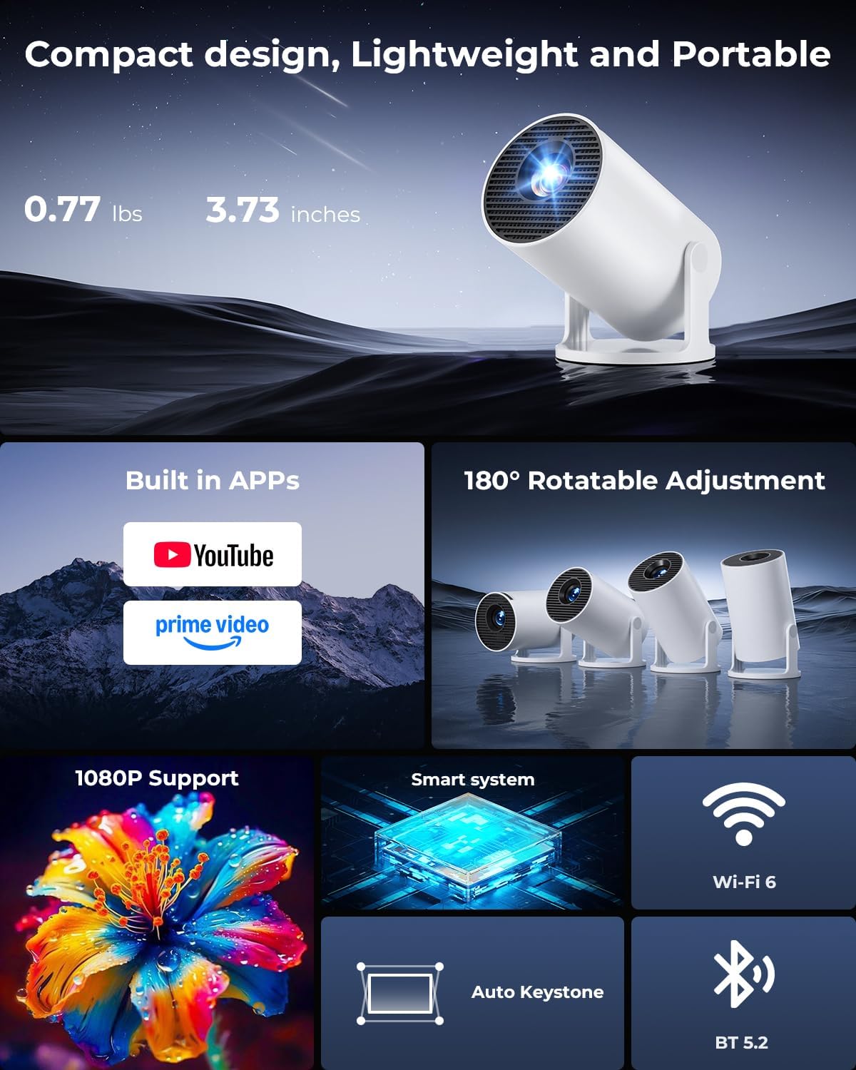Mini Portable Projector, 4K 1080P Supported, WiFi Bluetooth Built-in Apps, 180° Rotation Auto Keystone, Movie Projector for HDMI USB Smartphone