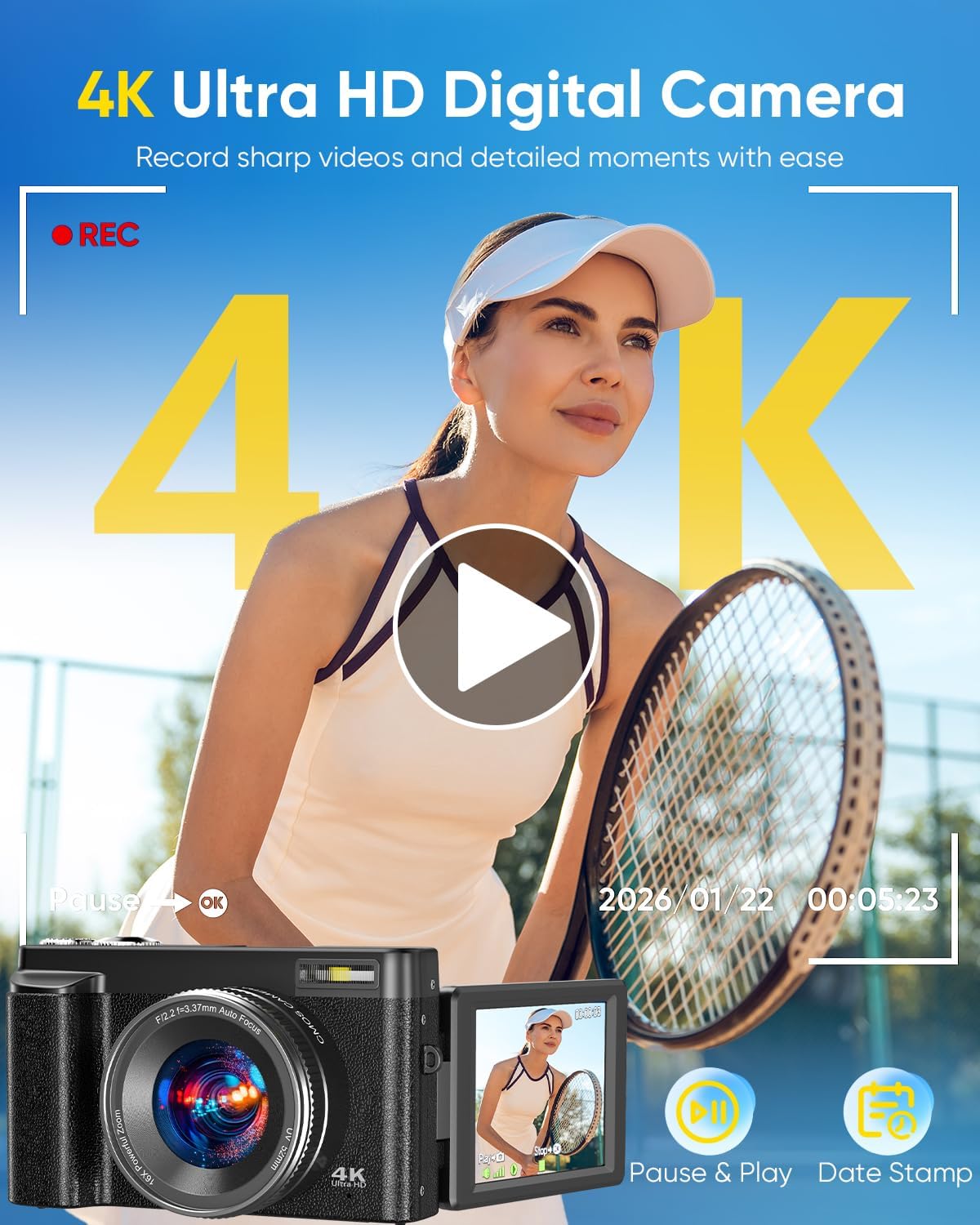 4K 64MP Autofocus Digital Camera, WiFi 180° Flip Screen, 16X Zoom Anti-Shake, Webcam Filters, 32GB Card 2 Batteries, Black Compact Vlogging Camera for Travel YouTube