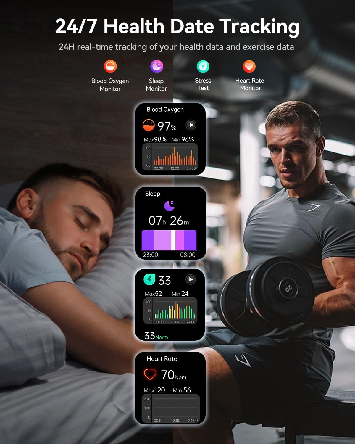 2.1" Curved AMOLED Smart Watch, Bluetooth Calling, IP68 Waterproof, 100+ Sport Modes, Heart Rate SpO2 Sleep Tracker for Men Women Android iOS