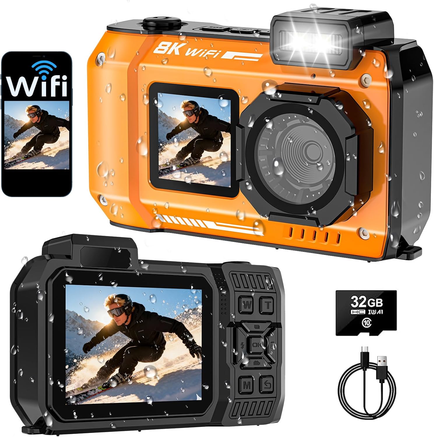 8K 70MP Underwater Camera, 33FT WiFi Waterproof Camera 32GB, Dual Screen, Floatable, 18X Zoom for Snorkeling Swimming