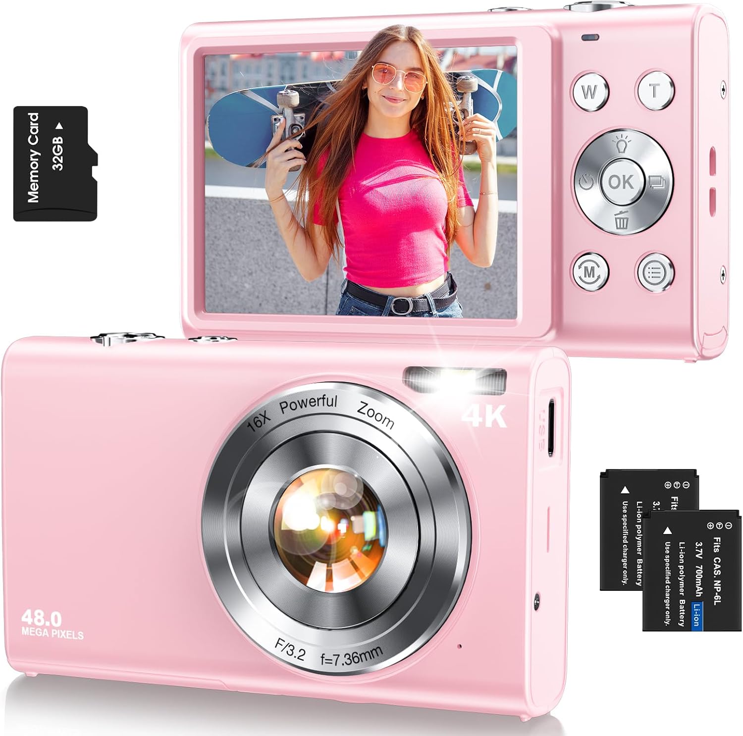 4K 48MP Autofocus Digital Vlogging Camera, 32GB, 16X Zoom, Anti-Shake, 2 Batteries, Point and Shoot Camera for Adult Teen Beginners