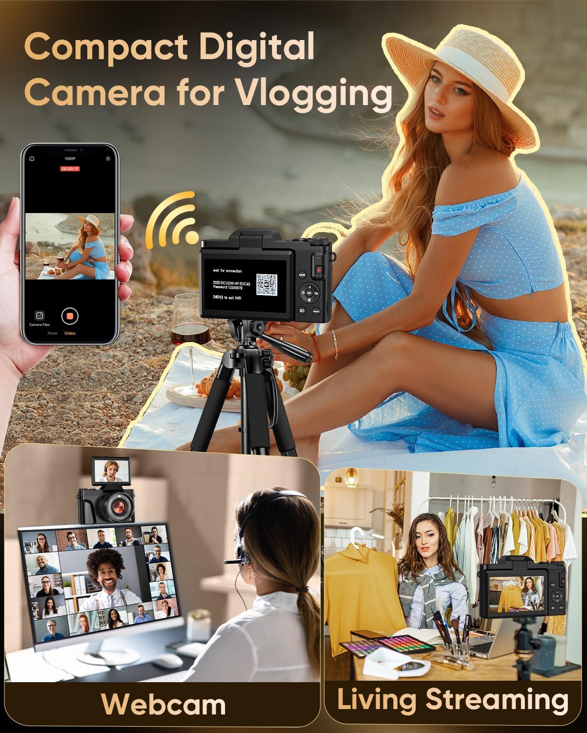 4K 64MP Autofocus Digital Vlogging Camera, WiFi 180° Flip Screen, 16X Zoom Anti-Shake, 32GB Card, 2 Batteries, Black Travel Camera for YouTube Beginners