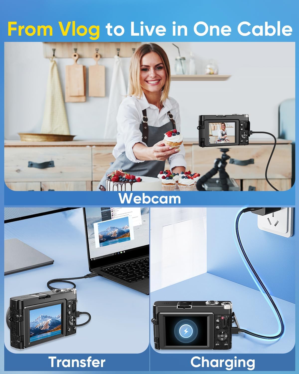 4K 64MP Autofocus Digital Camera, WiFi 180° Flip Screen, 16X Zoom Anti-Shake, Webcam Filters, 32GB Card 2 Batteries, Black Compact Vlogging Camera for Travel YouTube