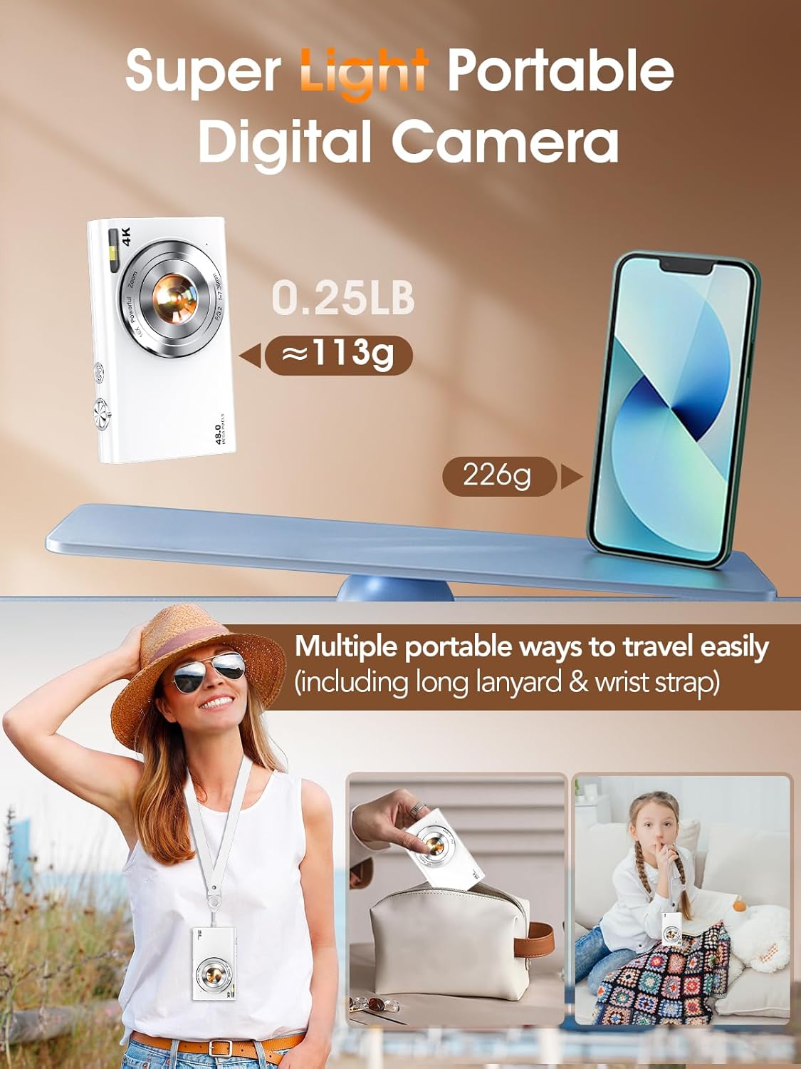 4K 48MP Autofocus Digital Vlogging Camera, 32GB, 16X Zoom, Anti-Shake, 2 Batteries, Point and Shoot Camera for Adult Teen Beginners