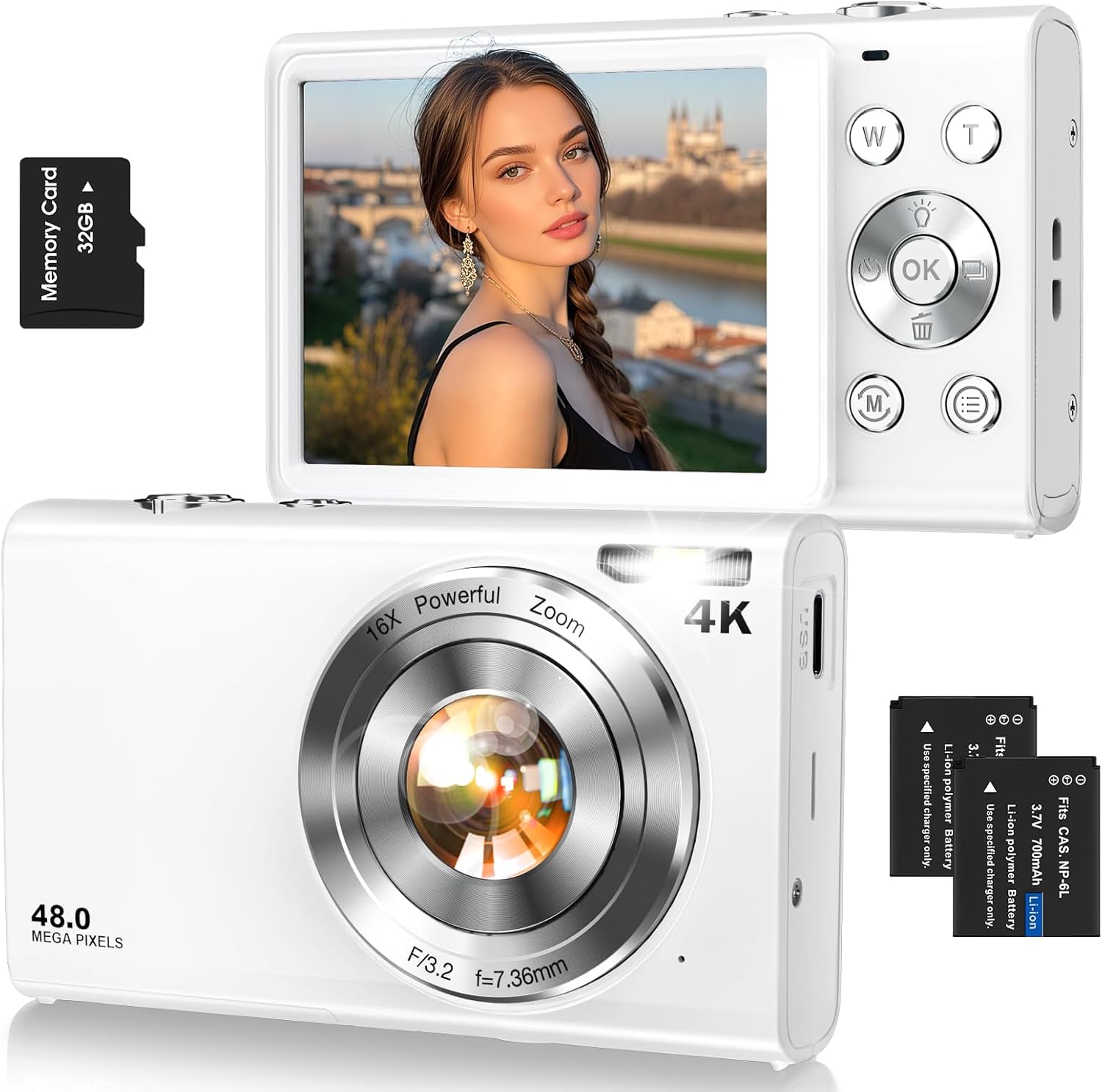 4K 48MP Autofocus Digital Vlogging Camera, 32GB, 16X Zoom, Anti-Shake, 2 Batteries, Point and Shoot Camera for Adult Teen Beginners