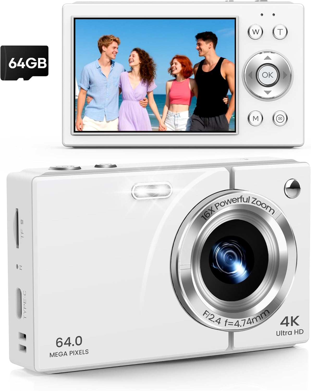 4K 64MP Autofocus Digital Vlogging Camera, 64GB Card, Built-in Battery, 16X Zoom, Self-Timer for Travel YouTube Beginners