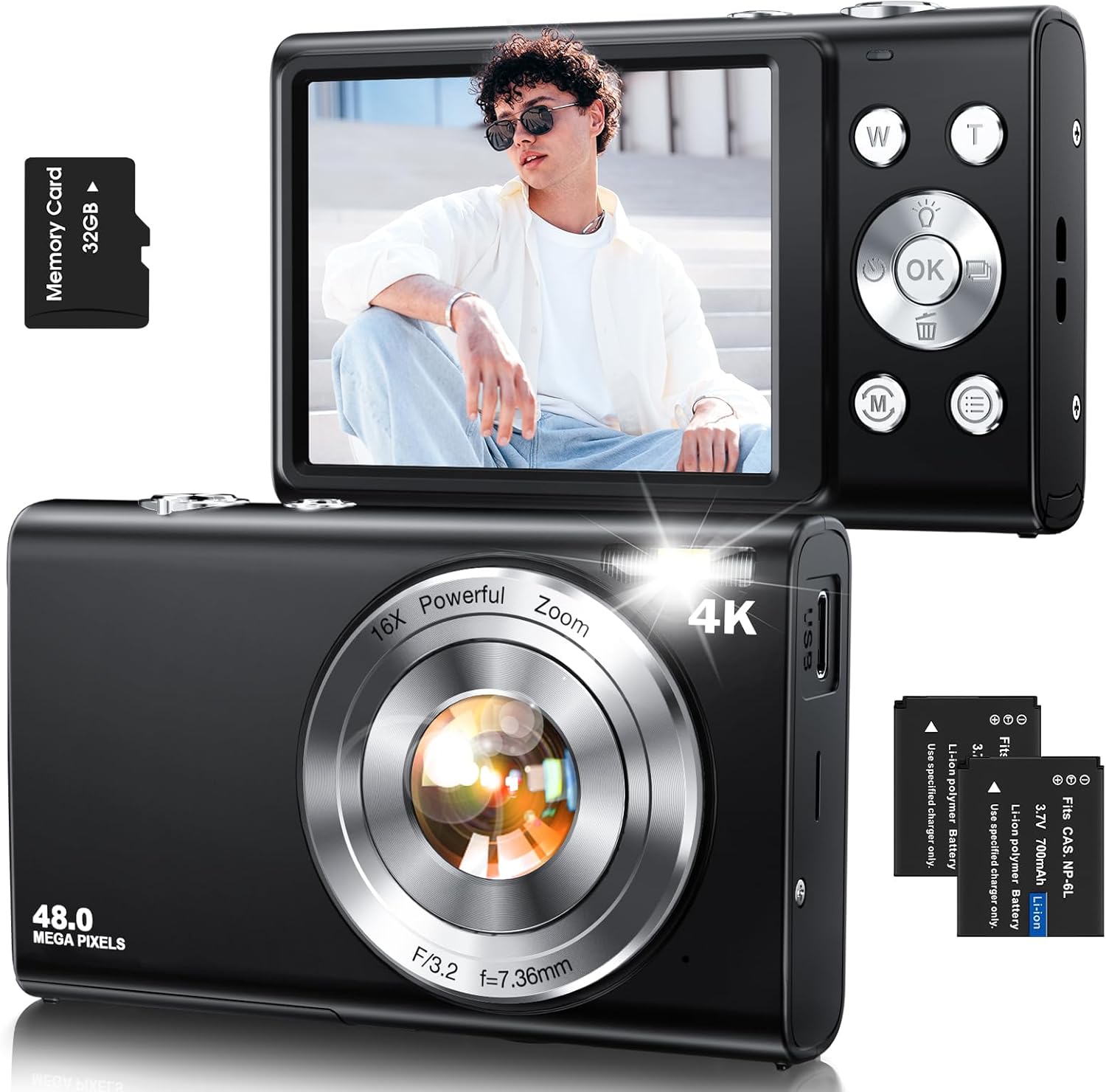 4K 48MP Autofocus Digital Vlogging Camera, 32GB, 16X Zoom, Anti-Shake, 2 Batteries, Point and Shoot Camera for Adult Teen Beginners