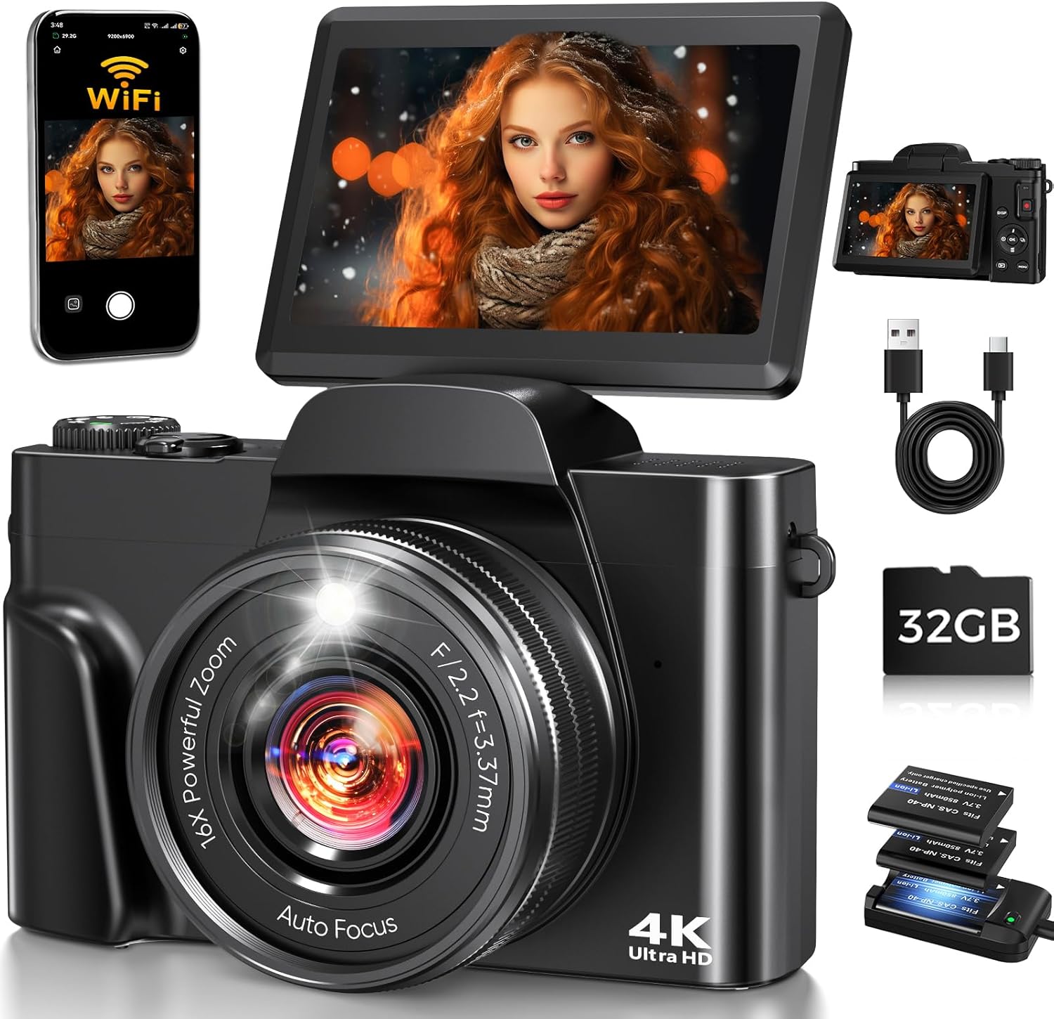 4K 64MP Autofocus Digital Vlogging Camera, WiFi 180° Flip Screen, 16X Zoom Anti-Shake, 32GB Card, 2 Batteries, Black Travel Camera for YouTube Beginners