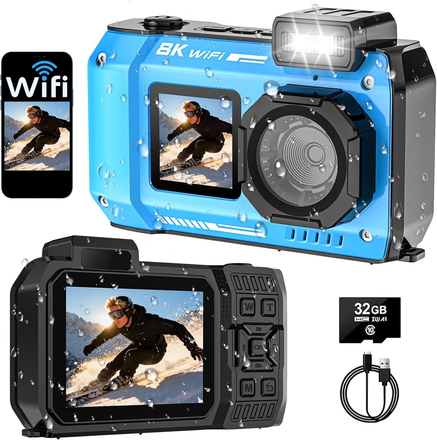 8K 70MP Underwater Camera, 33FT WiFi Waterproof Camera 32GB, Dual Screen, Floatable, 18X Zoom for Snorkeling Swimming