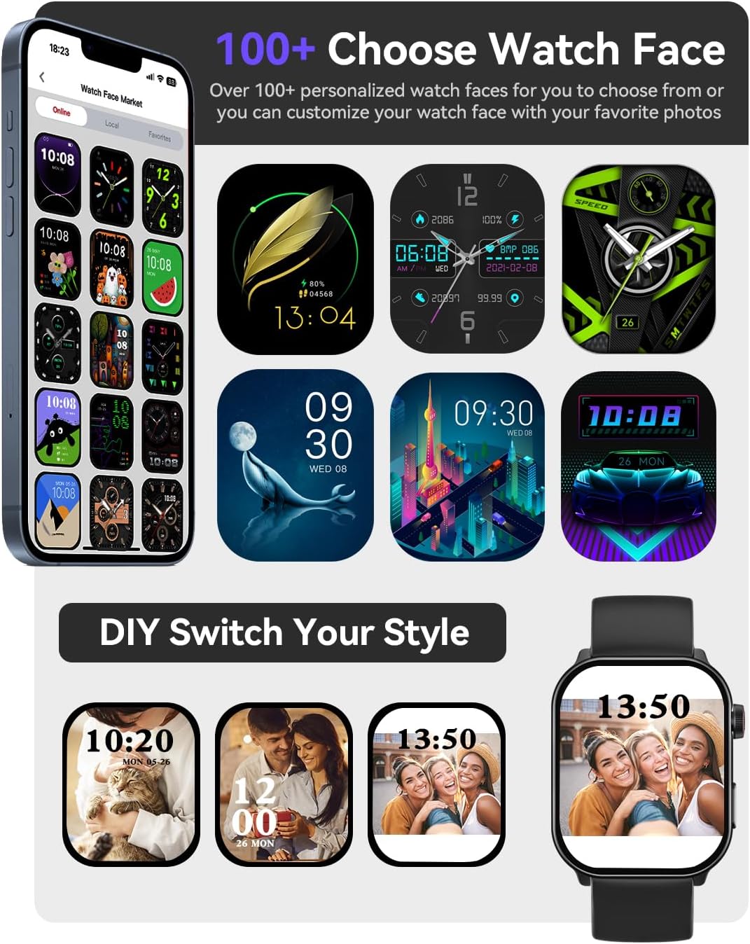 2.1" Curved AMOLED Smart Watch, Bluetooth Calling, IP68 Waterproof, 100+ Sport Modes, Heart Rate SpO2 Sleep Tracker for Men Women Android iOS