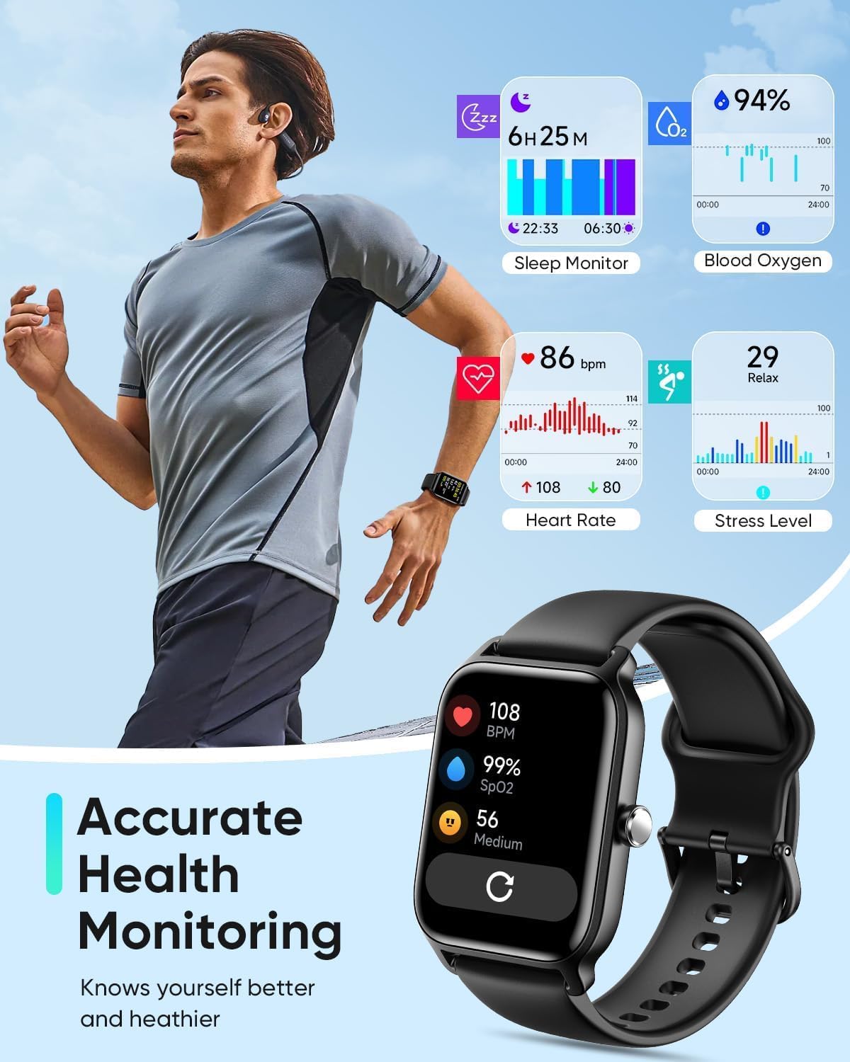 1.8" HD Men Smart Watch, Alexa Built-in, Bluetooth Calling, IP68 Waterproof, 105+ Sports Modes, Heart Rate SpO2 Sleep Tracker for Android iPhone
