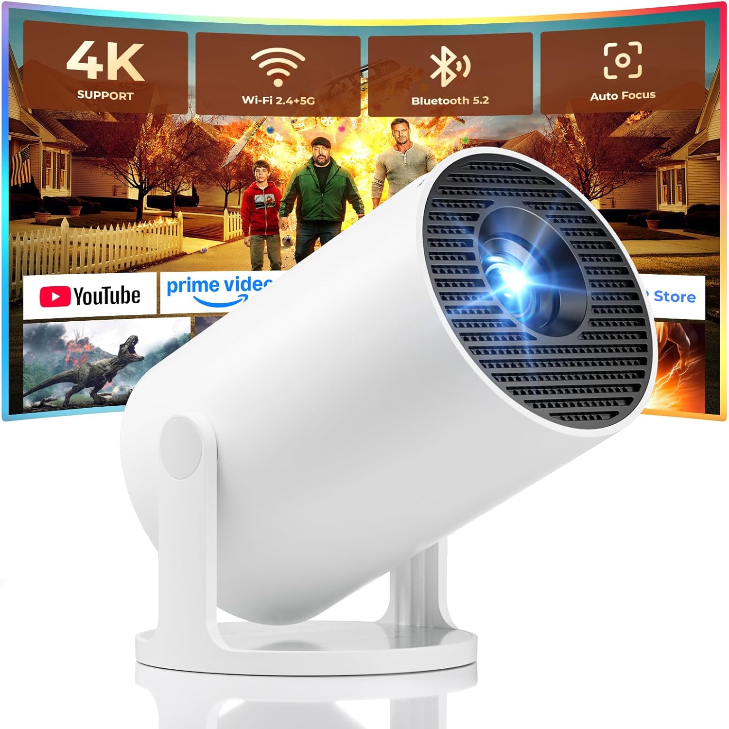 Mini Portable Projector, 4K 1080P Supported, WiFi Bluetooth Built-in Apps, 180° Rotation Auto Keystone, Movie Projector for HDMI USB Smartphone